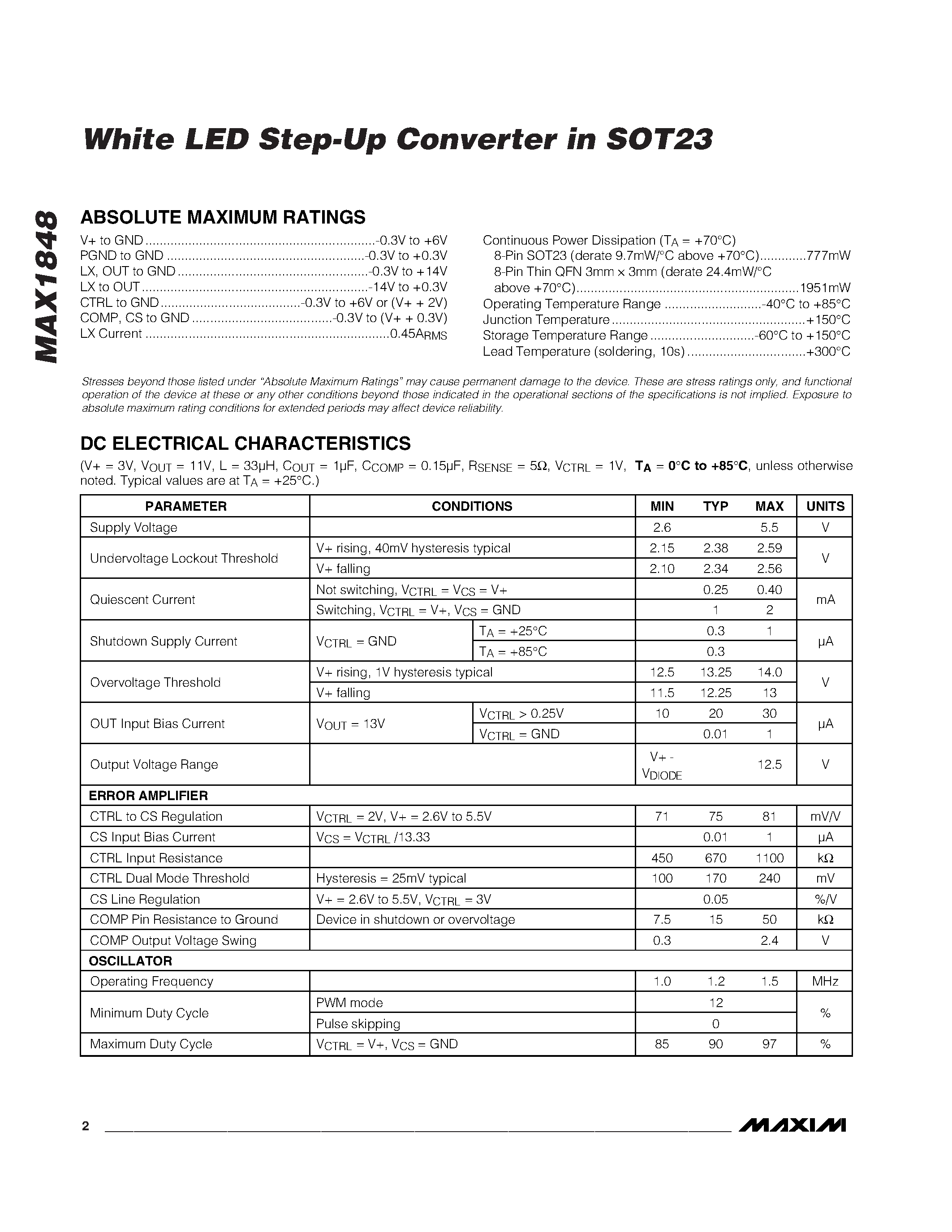 Datasheet MAX1848EKA - White LED Step-Up Converter in SOT23 page 2