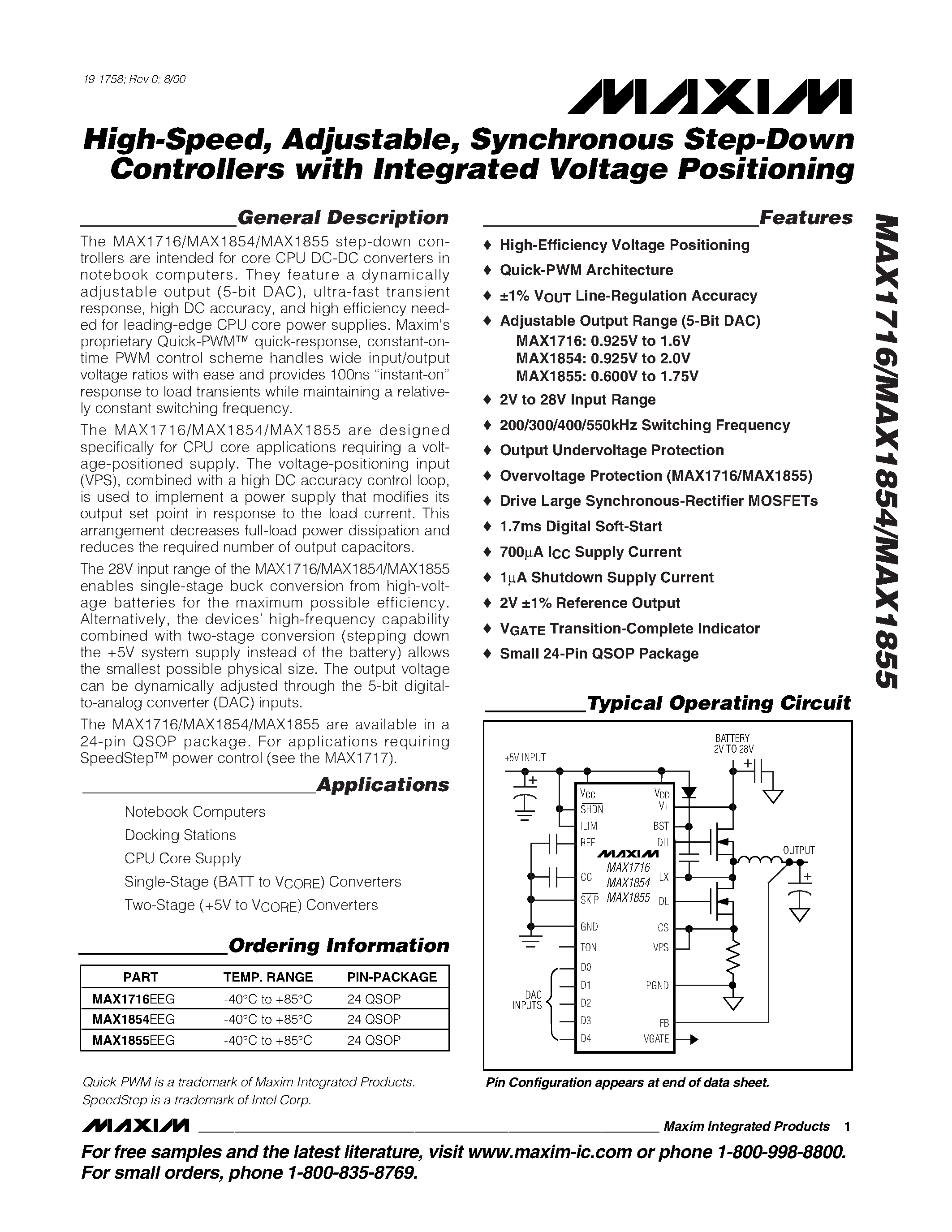 Datasheet MAX1854 - High-Speed / Adjustable / Synchronous Step-Down Controllers with Integrated Voltage Positioning page 1