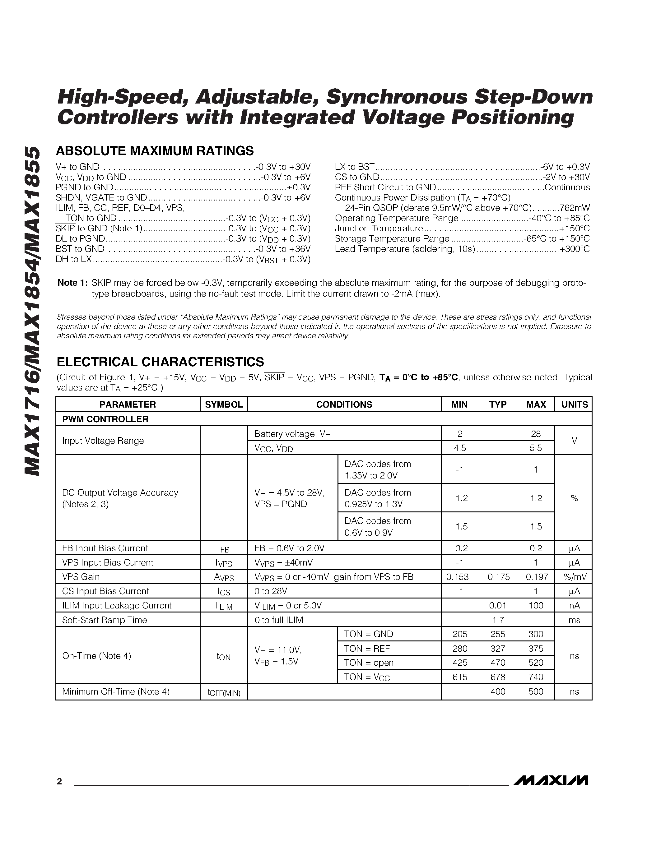 Datasheet MAX1855EEG - High-Speed / Adjustable / Synchronous Step-Down Controllers with Integrated Voltage Positioning page 2
