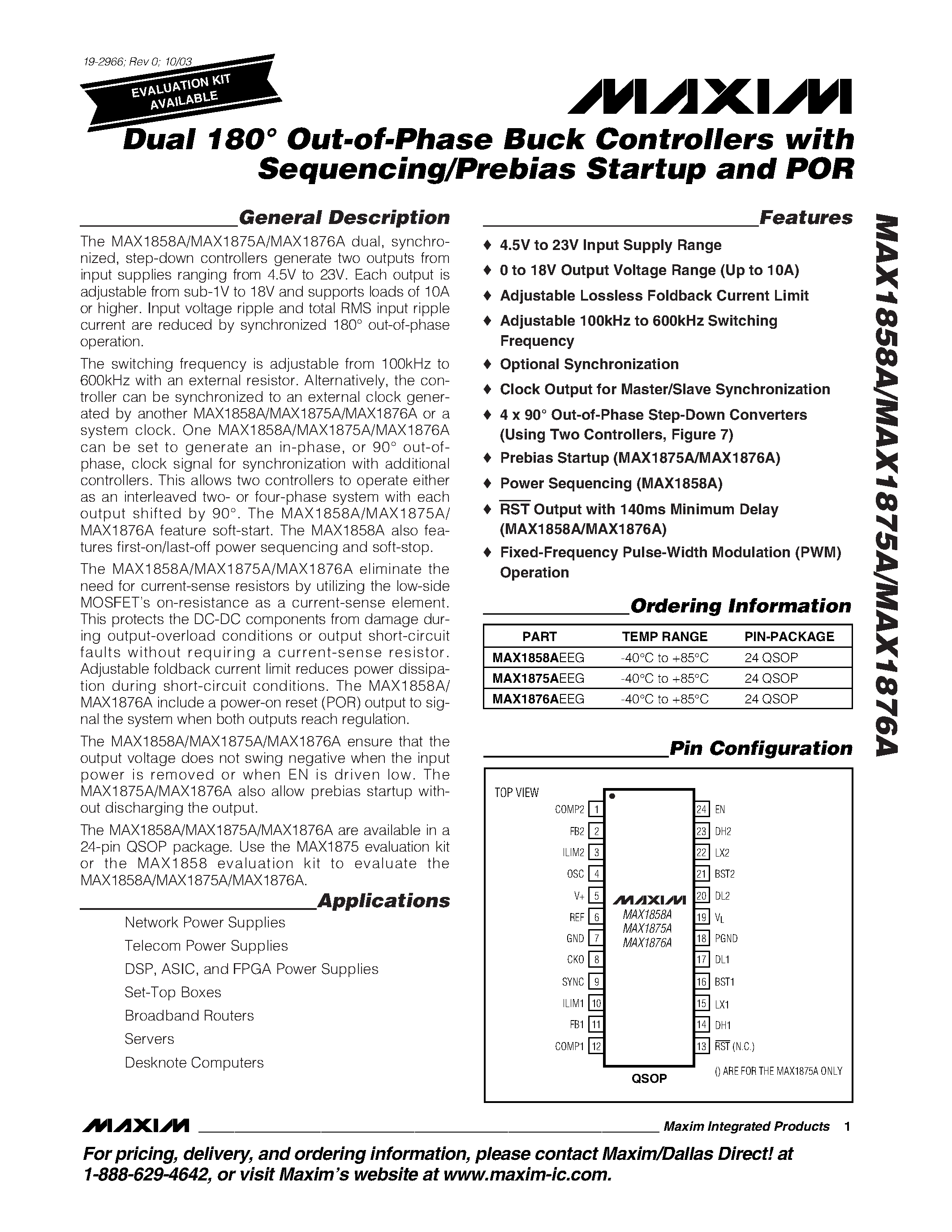 Datasheet MAX1858 - Dual 180 Out-of-Phase PWM Step-Down Controller with Power Sequencing and POR page 1