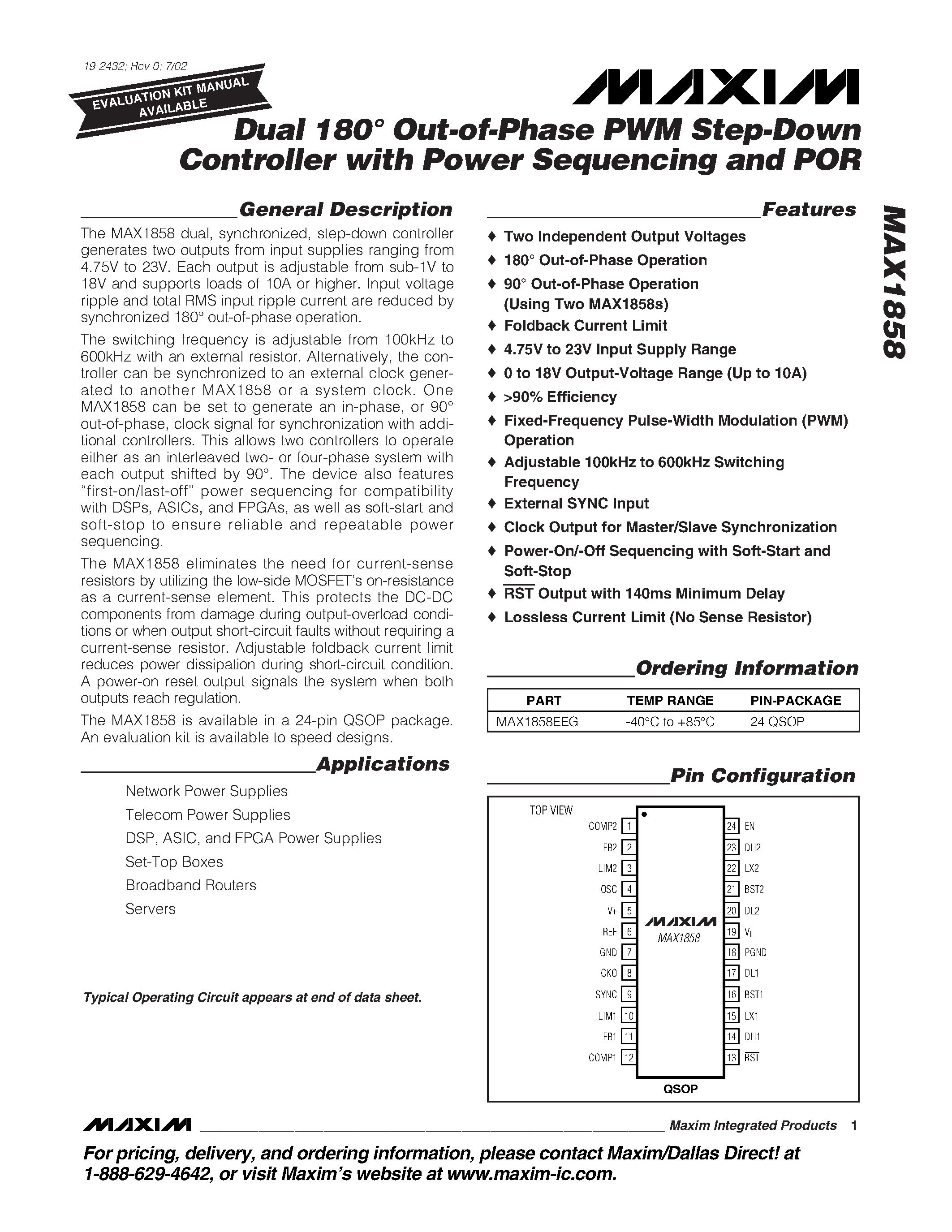 Datasheet MAX1858EEG - Dual 180 Out-of-Phase PWM Step-Down Controller with Power Sequencing and POR page 1