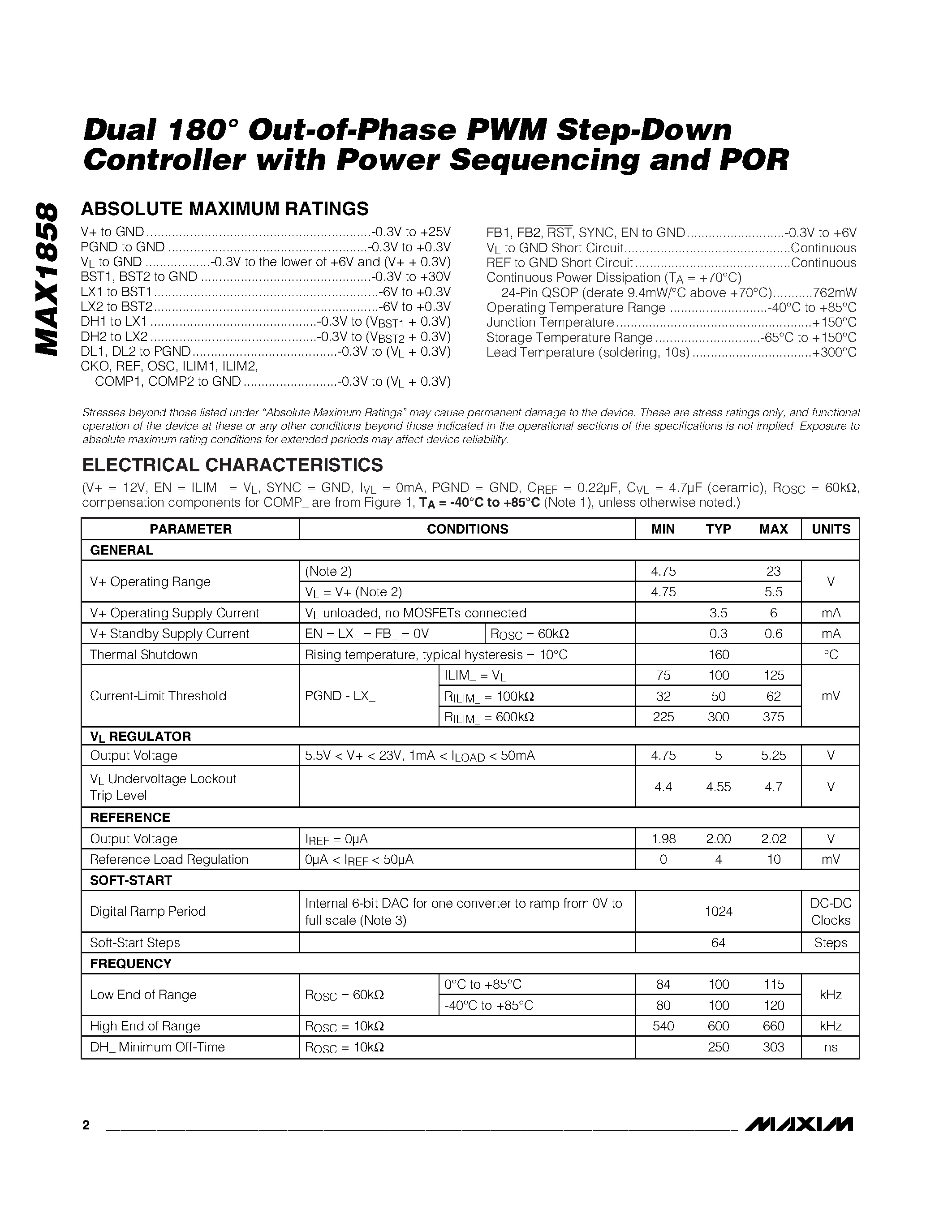 Datasheet MAX1858EEG - Dual 180 Out-of-Phase PWM Step-Down Controller with Power Sequencing and POR page 2