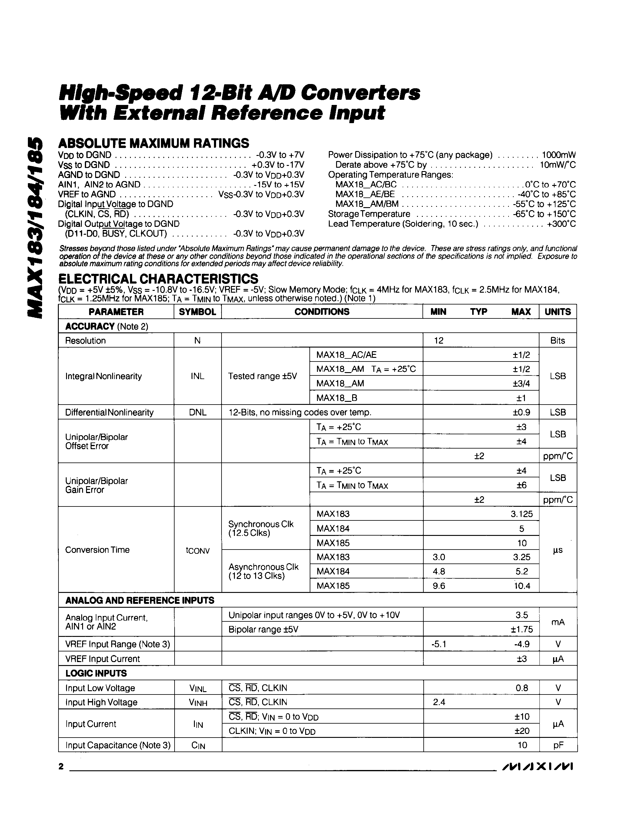 Даташит MAX185ACNG - High-Speed 12-Bit A/D Converters With External Refernce input страница 2