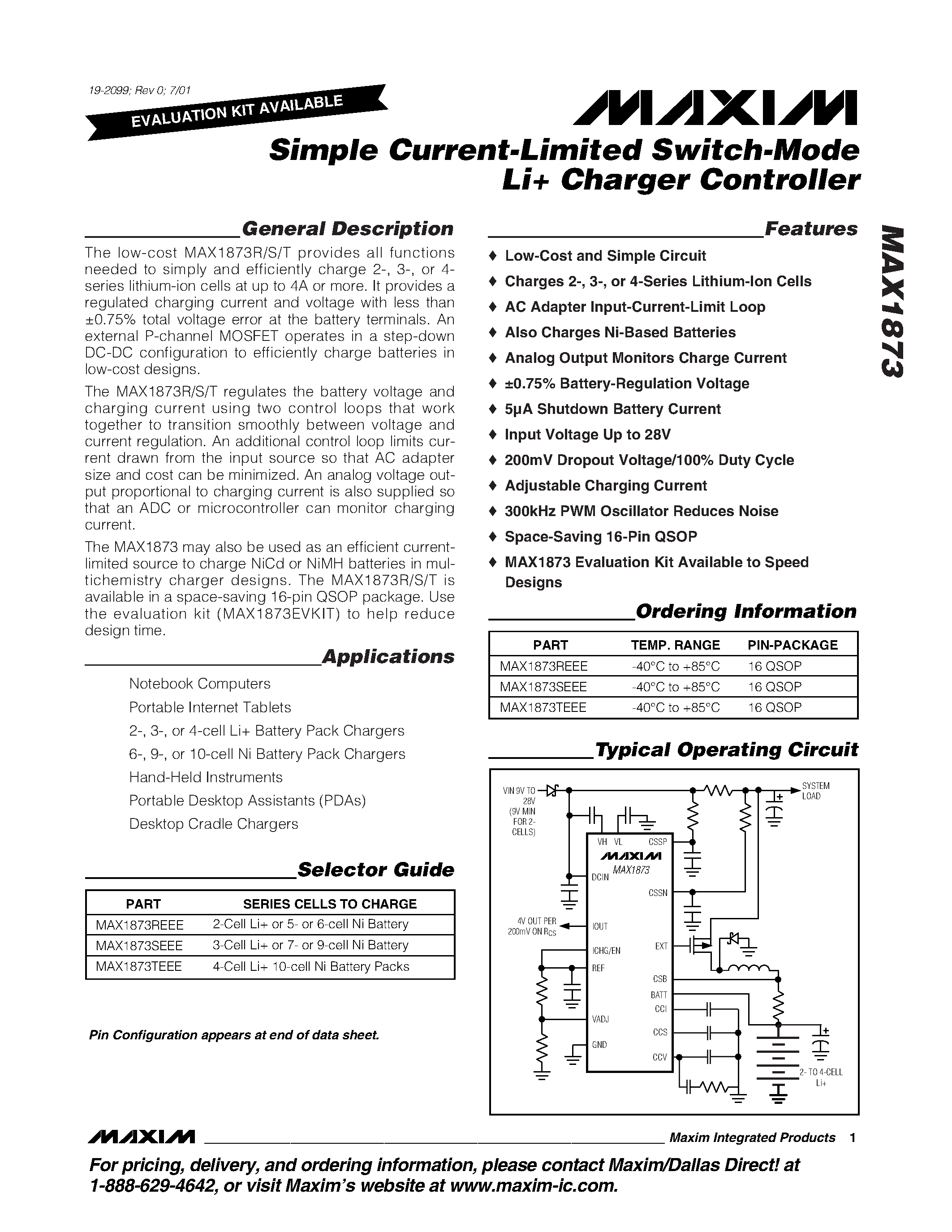 Datasheet MAX1873 page 1 Datasheet MAX1873 - Simple Current-Limited Switch-Mode Li Charger Controller page 1