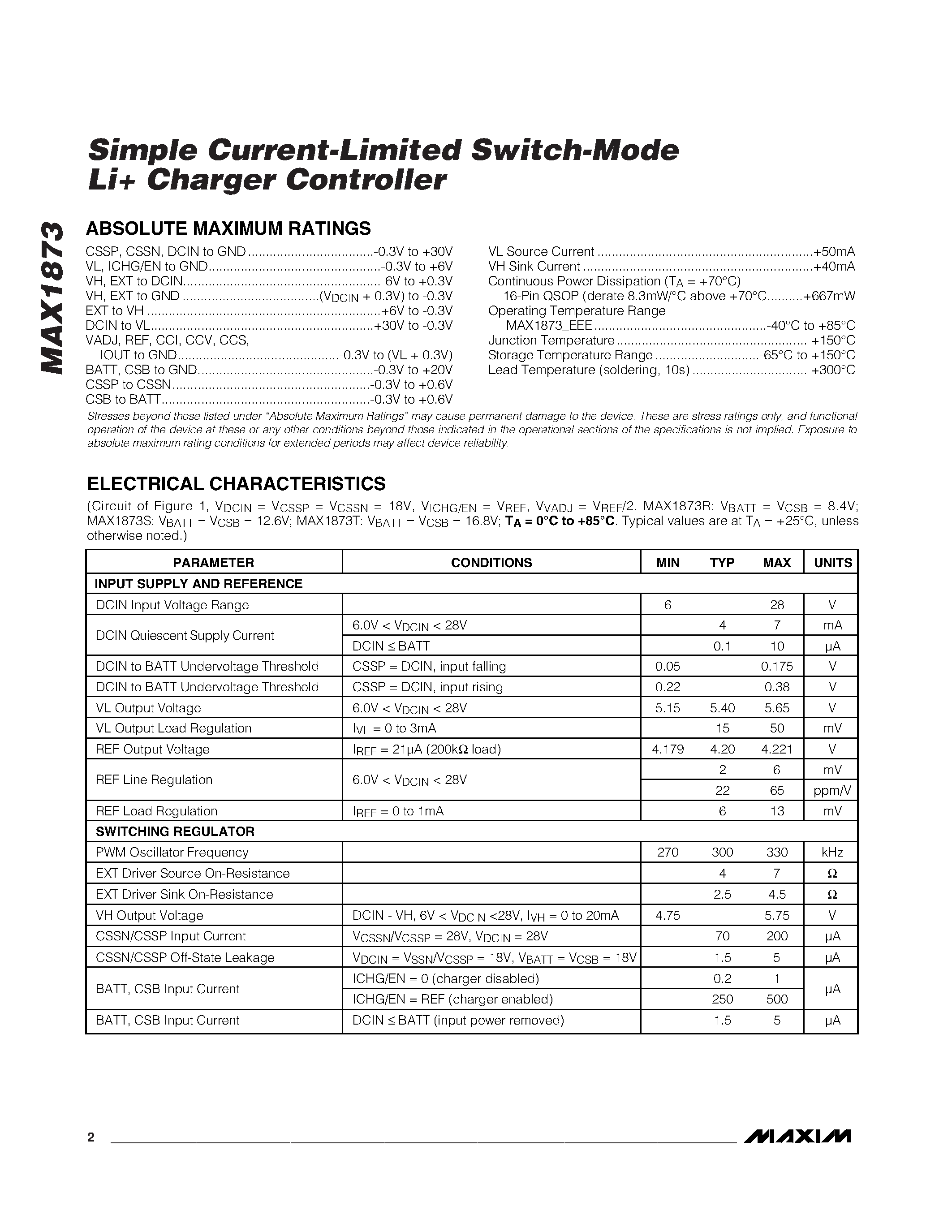 Datasheet MAX1873 page 2 Datasheet MAX1873 - Simple Current-Limited Switch-Mode Li Charger Controller page 2