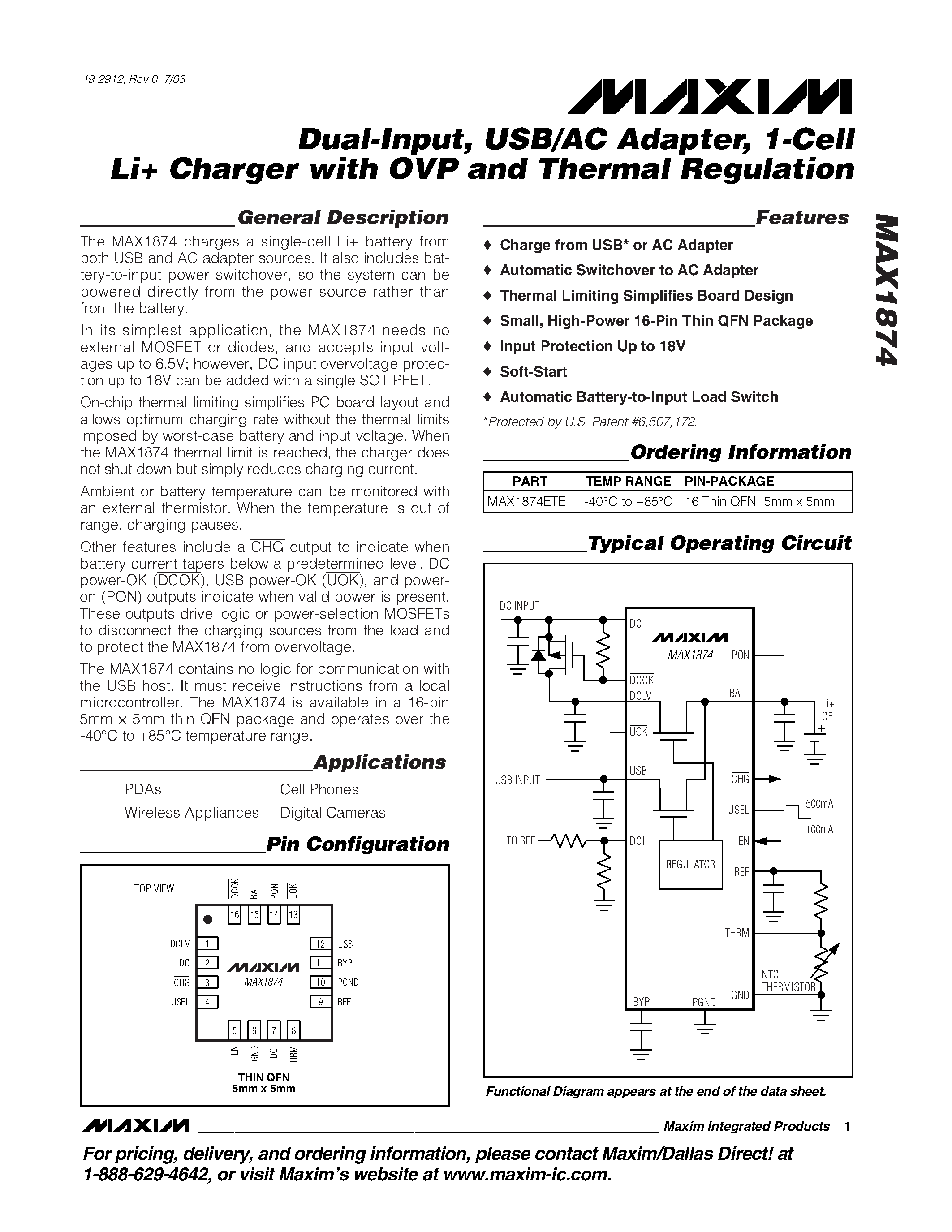 Datasheet MAX1874ETE - Dual-Input / USB/AC Adapter / 1-Cell Li+ Charger with OVP and Thermal Regulation page 1