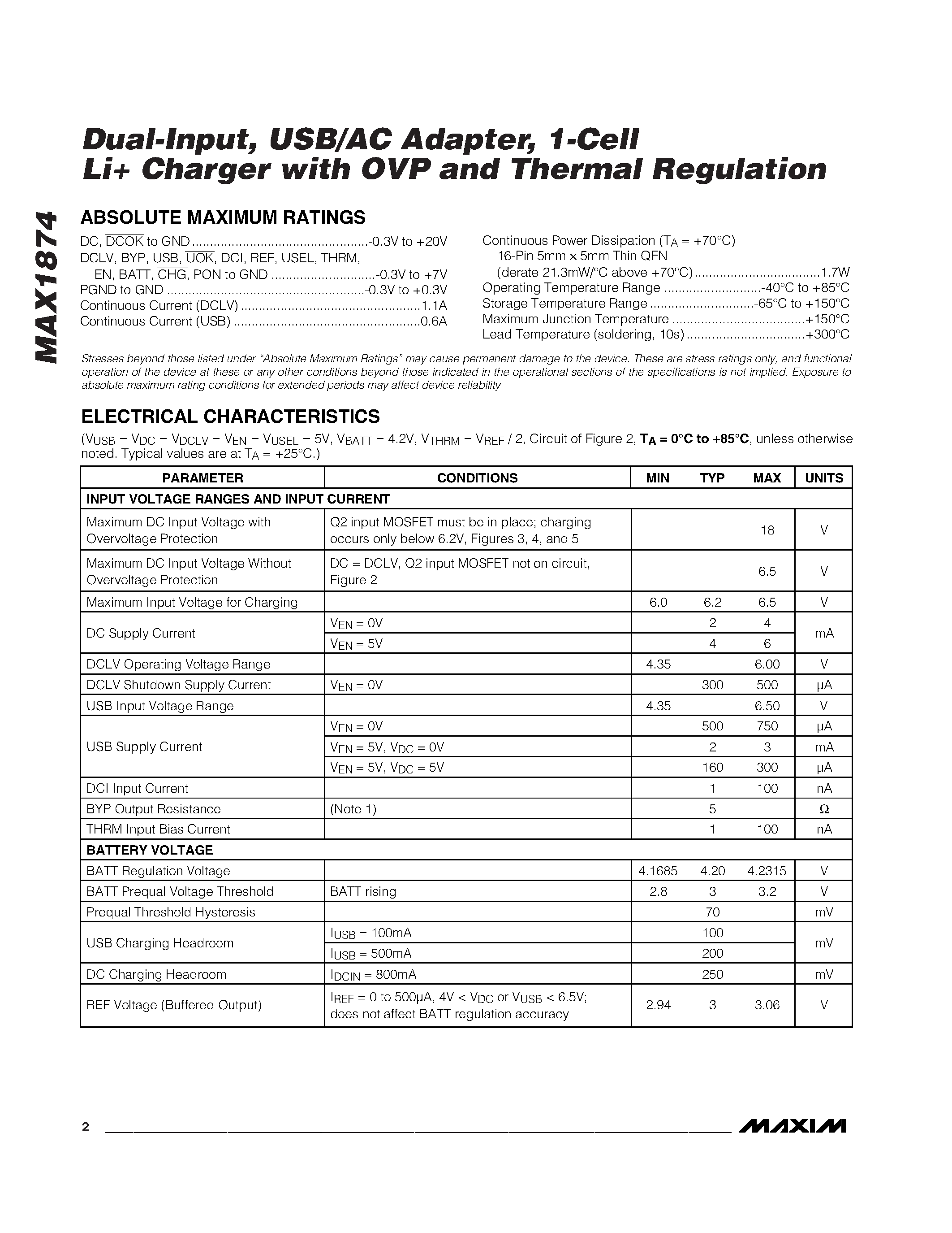 Datasheet MAX1874ETE - Dual-Input / USB/AC Adapter / 1-Cell Li+ Charger with OVP and Thermal Regulation page 2