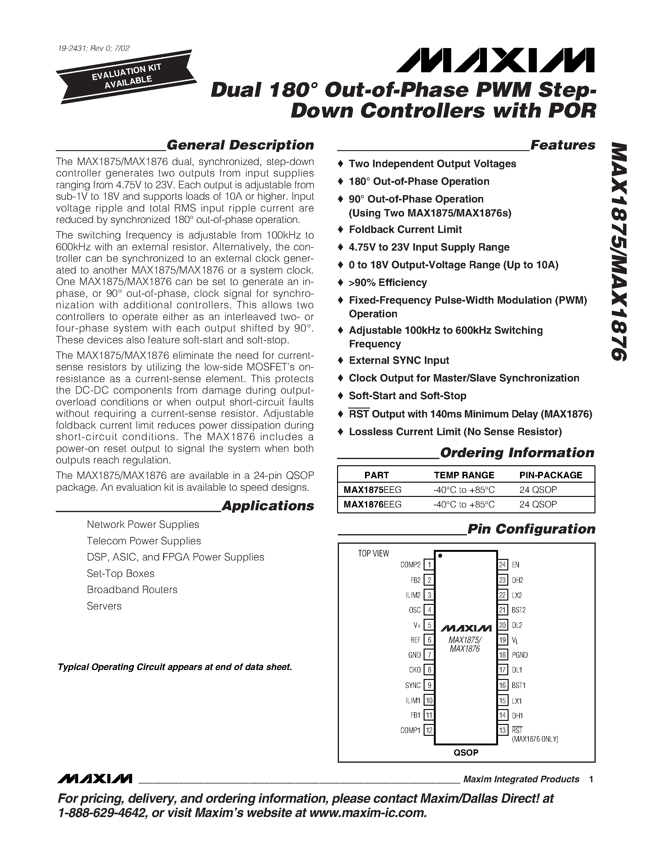 Datasheet MAX1875 - Dual 180 Out-of-Phase PWM Step- Down Controllers with POR page 1
