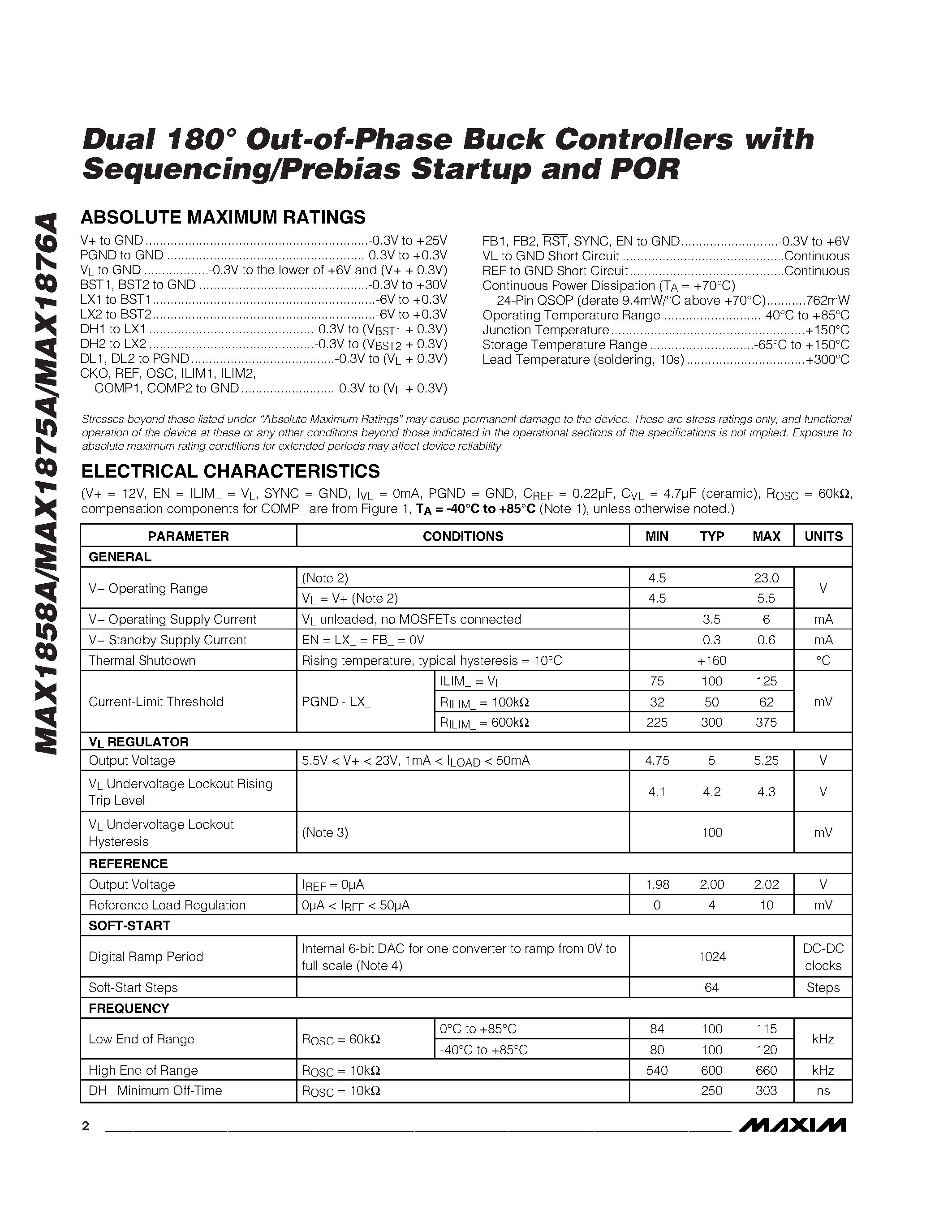 Даташит на микросхему MAX1875AEEG страница 2 Даташит MAX1875AEEG - Dual 180 Out-of-Phase Buck Controllers with Sequencing/Prebias Startup and POR страница 2