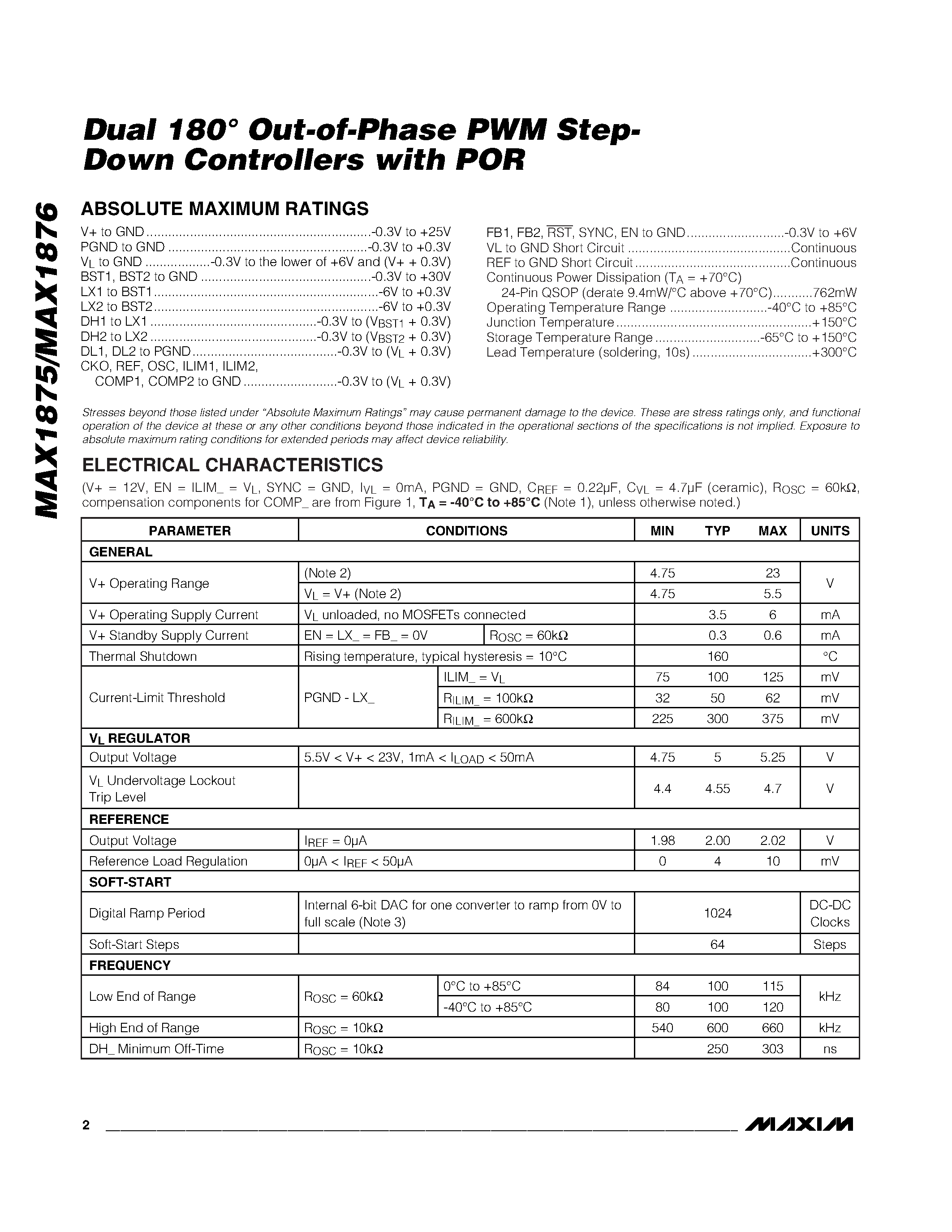 Datasheet MAX1876EEG - Dual 180 Out-of-Phase PWM Step- Down Controllers with POR page 2