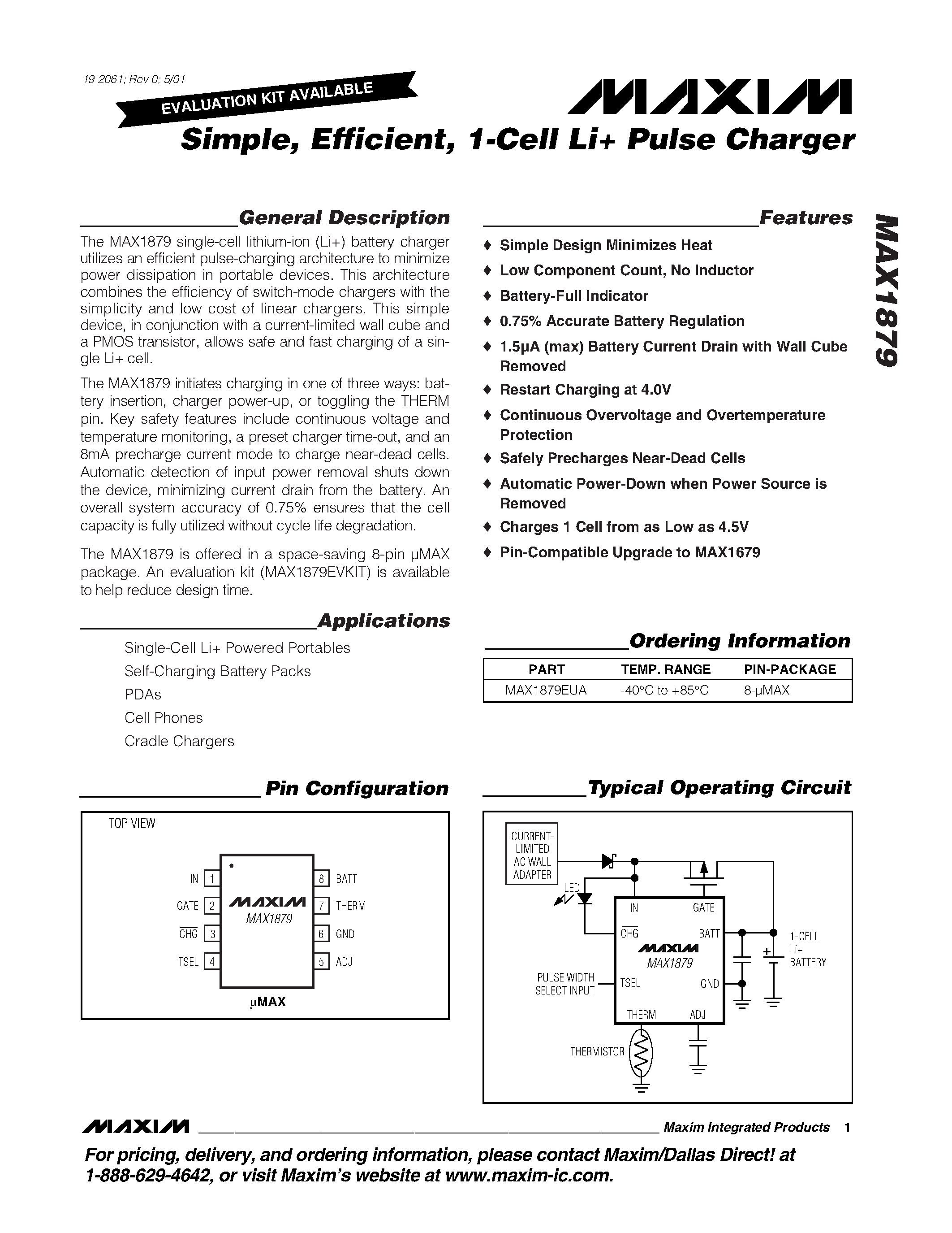 Datasheet MAX1879EUA - Simple / Efficient / 1-Cell Li+ Pulse Charger page 1