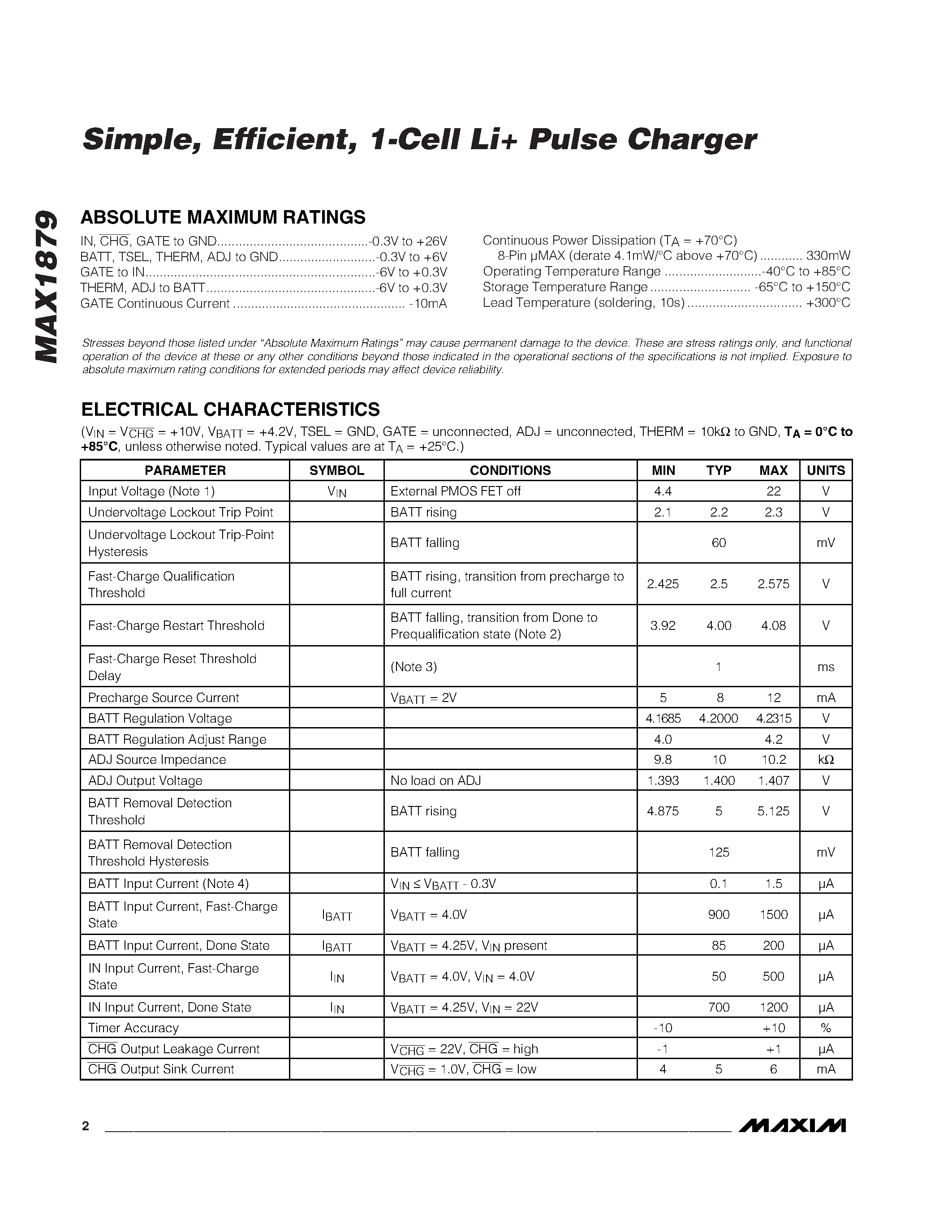 Datasheet MAX1879EUA - Simple / Efficient / 1-Cell Li+ Pulse Charger page 2