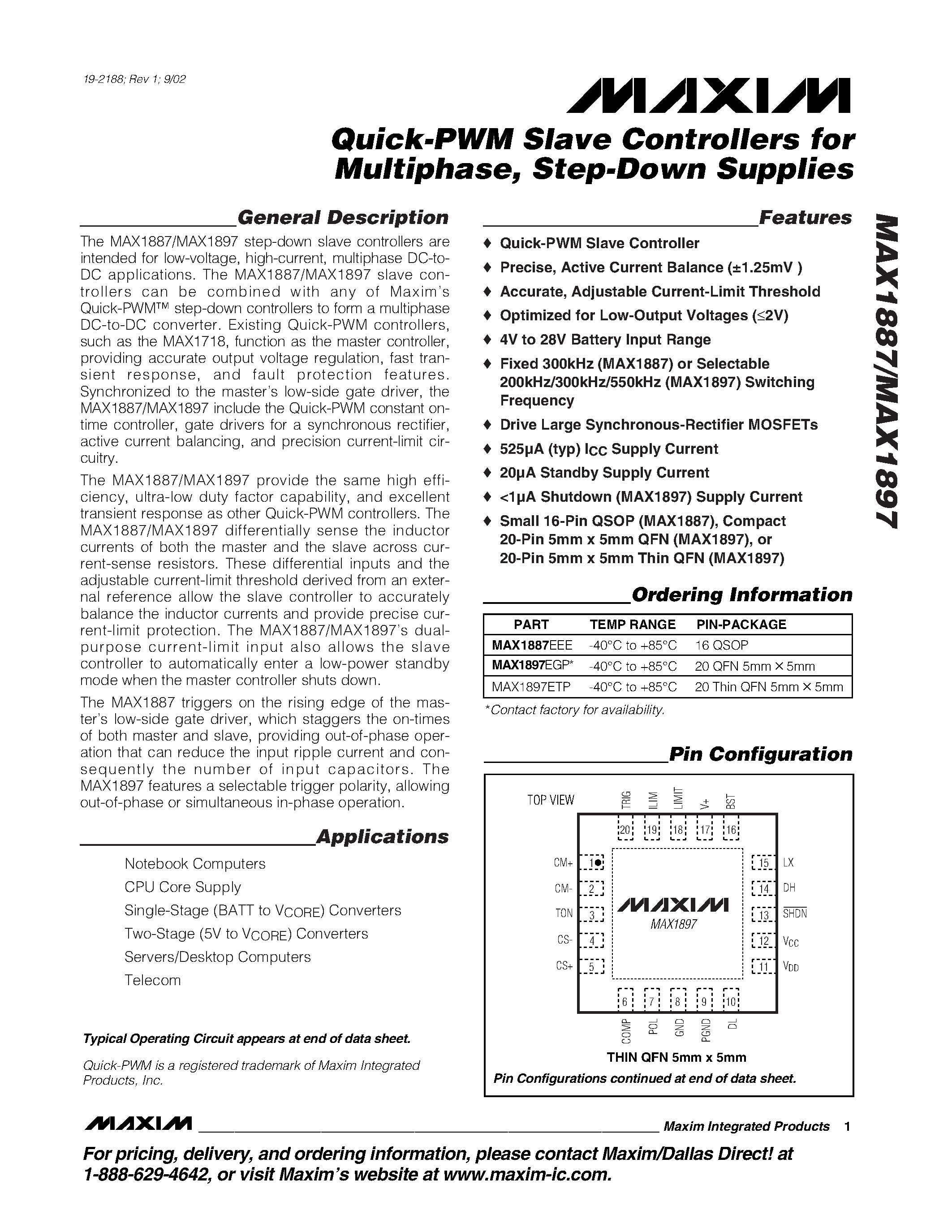 Datasheet MAX1887 - Quick-PWM Slave Controllers for Multiphase / Step-Down page 1