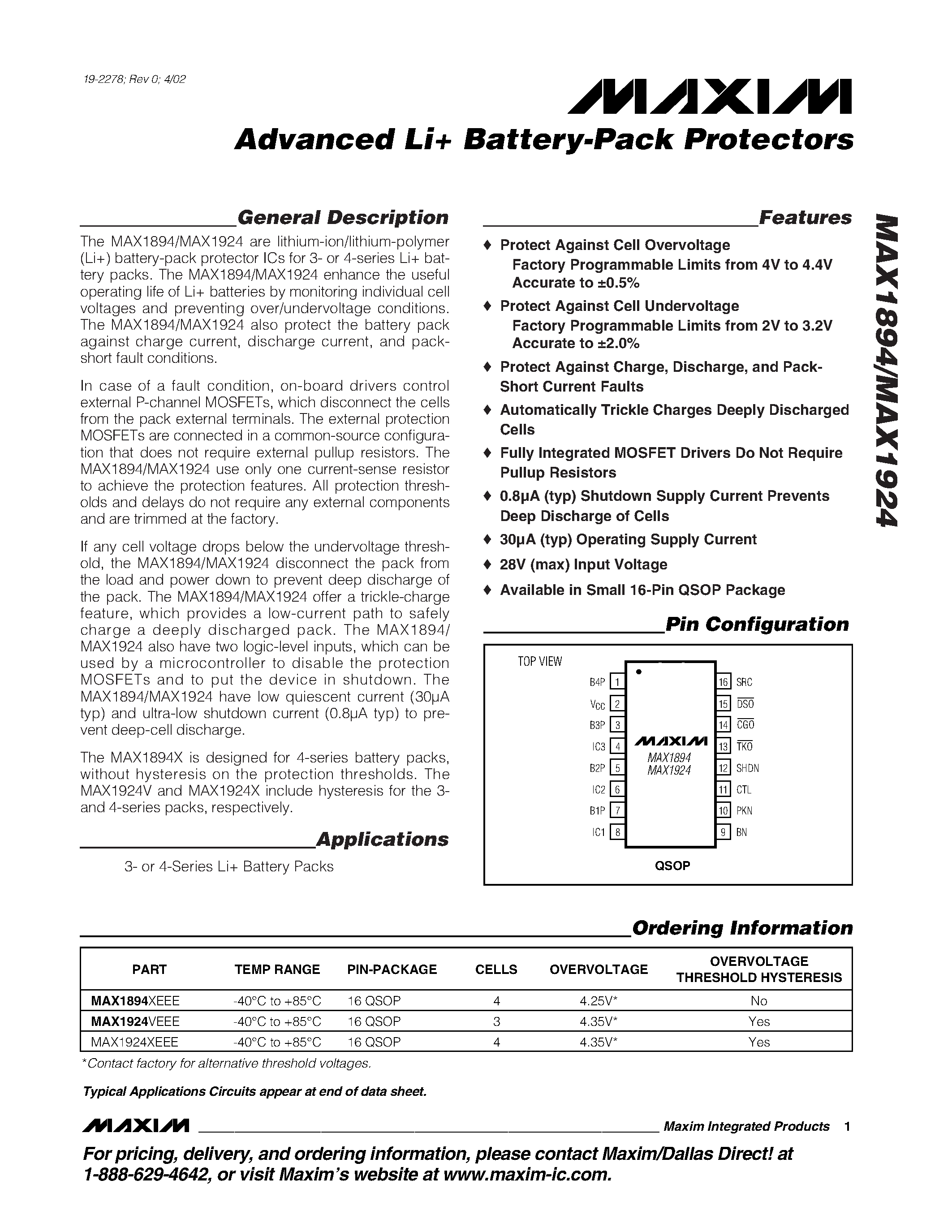 Datasheet MAX1894-MAX1924 page 1 Datasheet MAX1894-MAX1924 - Advanced Li+ Battery-Pack Protectors page 1