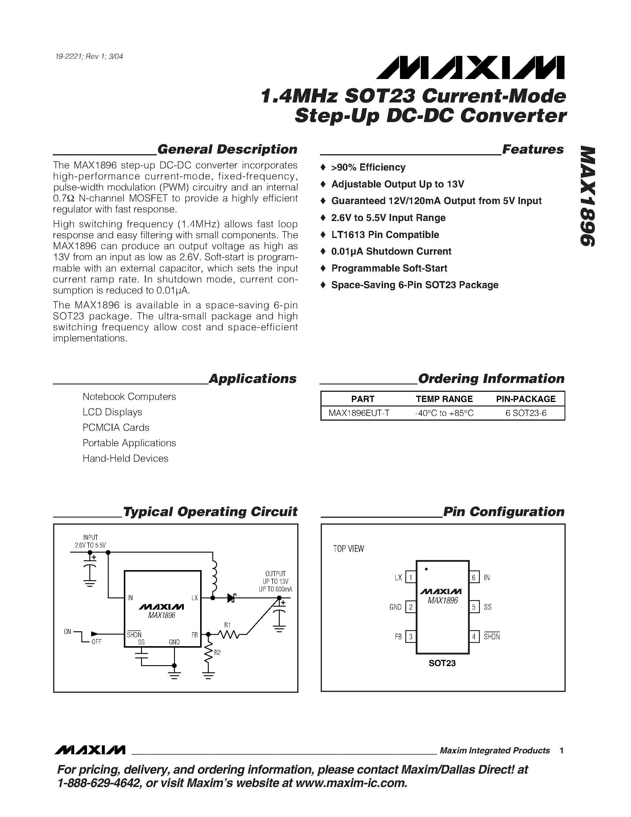 Даташит MAX1896EUT-T - 1.4MHz SOT23 Current-Mode Step-Up DC-DC Converter страница 1