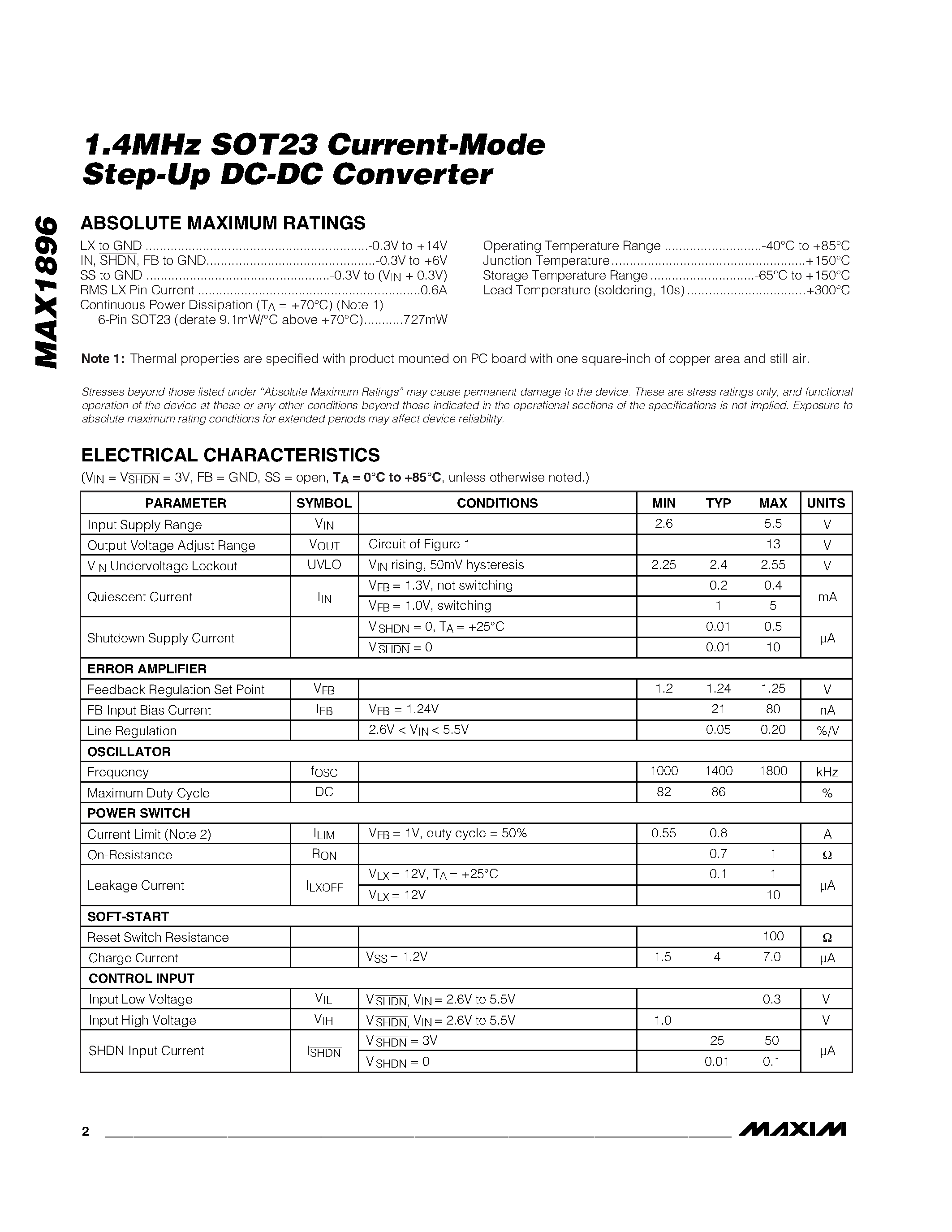 Даташит MAX1896EUT-T - 1.4MHz SOT23 Current-Mode Step-Up DC-DC Converter страница 2