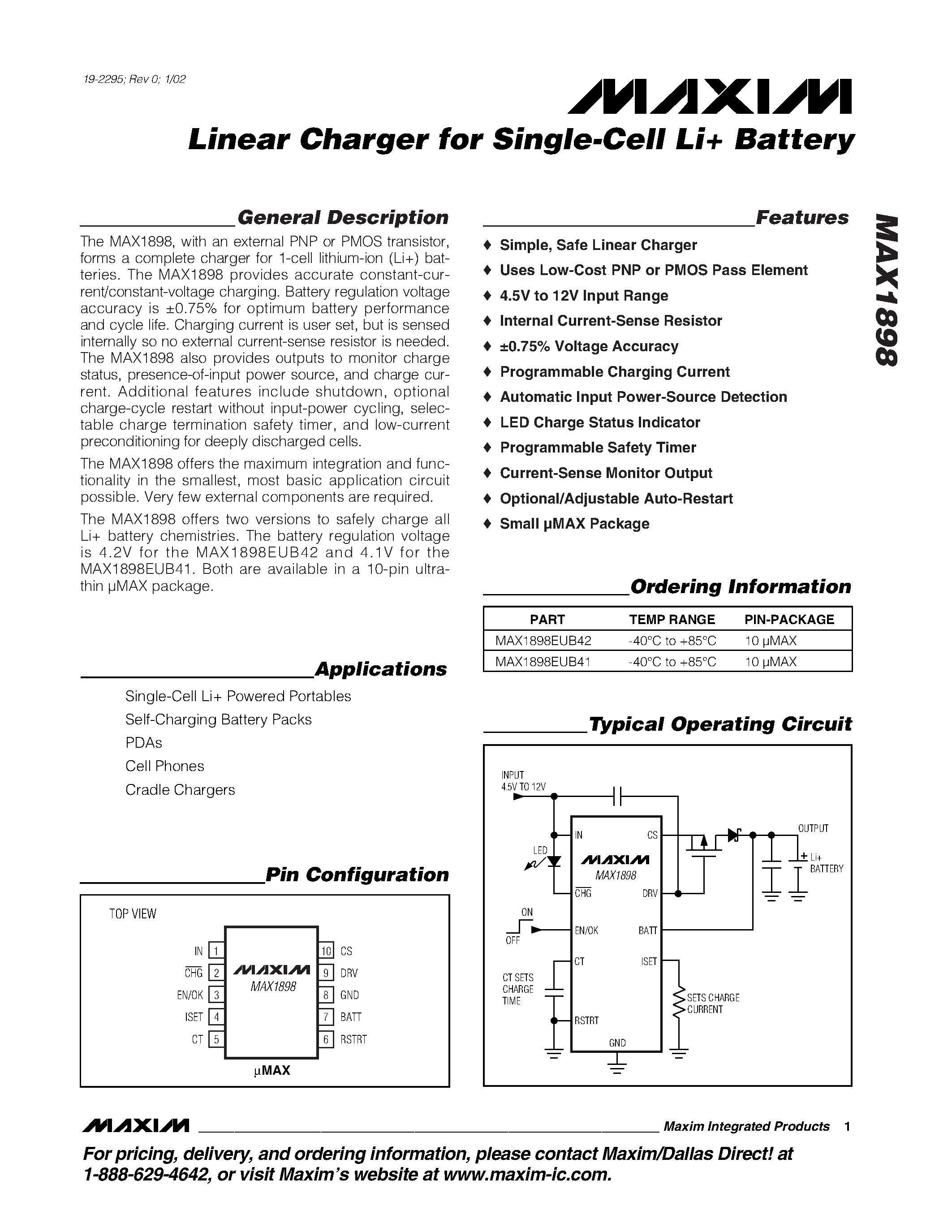 Datasheet MAX1898EUB42 - Linear Charger for Single-Cell Li Battery page 1
