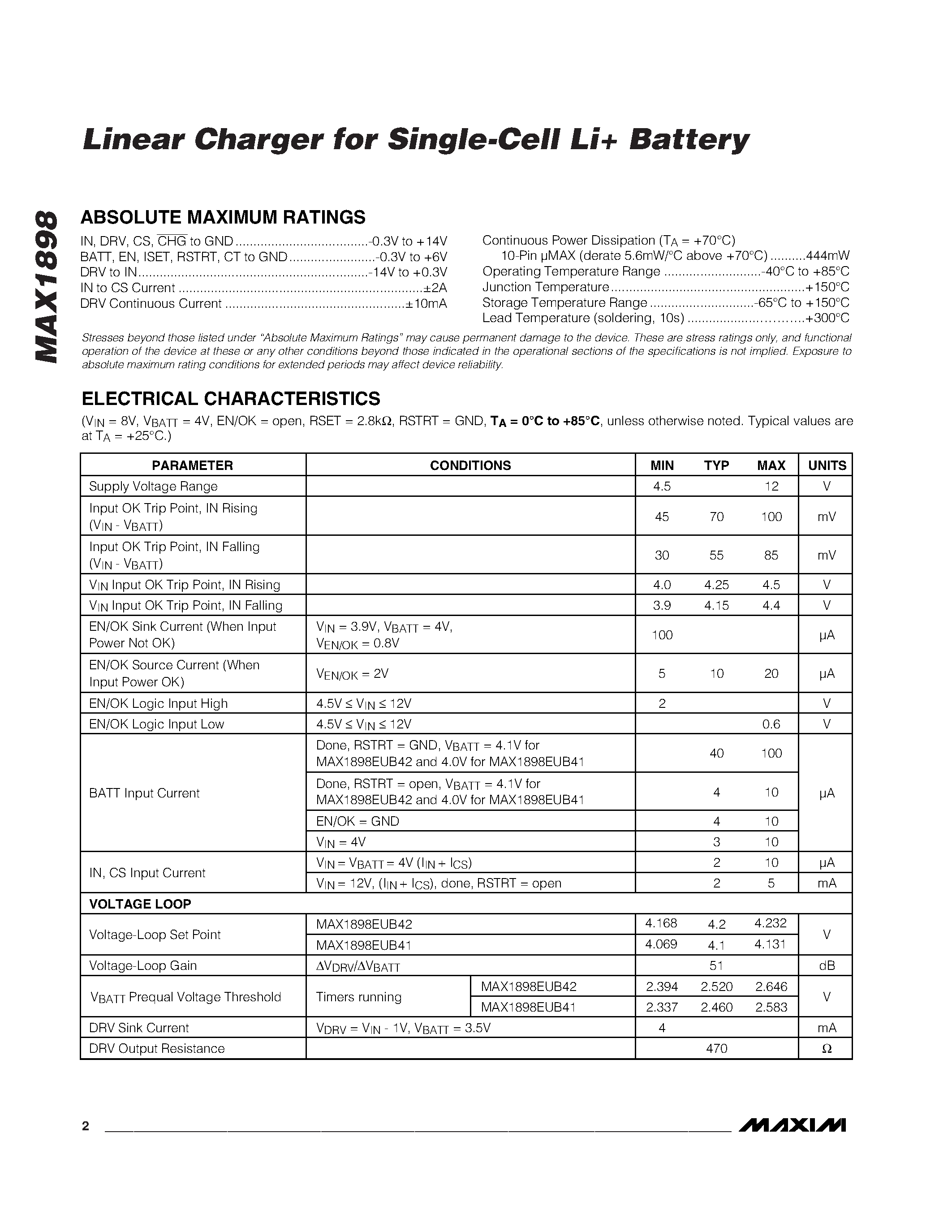 Datasheet MAX1898EUB42 - Linear Charger for Single-Cell Li Battery page 2