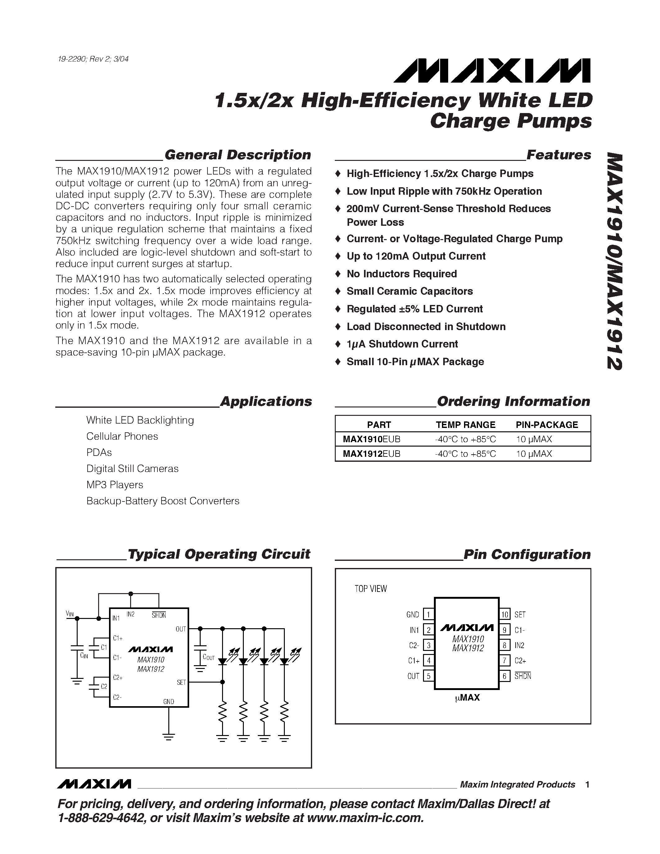 Datasheet MAX1910 - 1.5x/2x High-Efficiency White LED Charge Pumps page 1