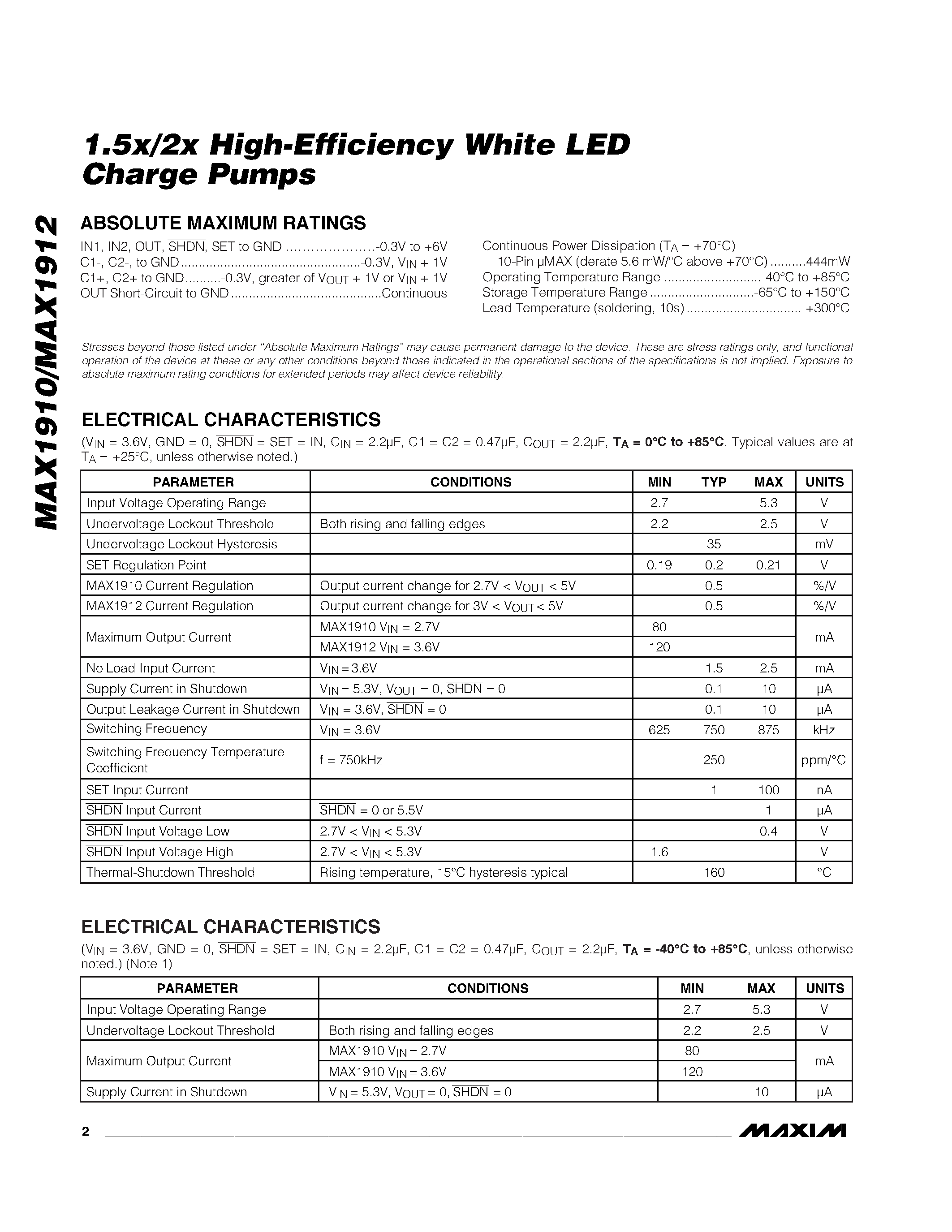 Datasheet MAX1912EUB - 1.5x/2x High-Efficiency White LED Charge Pumps page 2