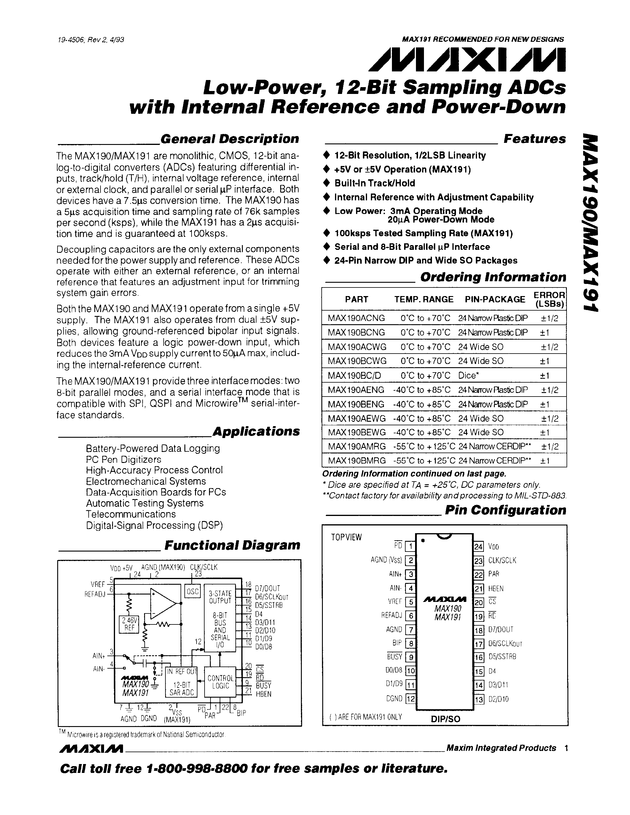 Datasheet MAX191BEWG - Low-Power / 12-Bit Sampling ADC with Internal Reference and Power-Down page 1