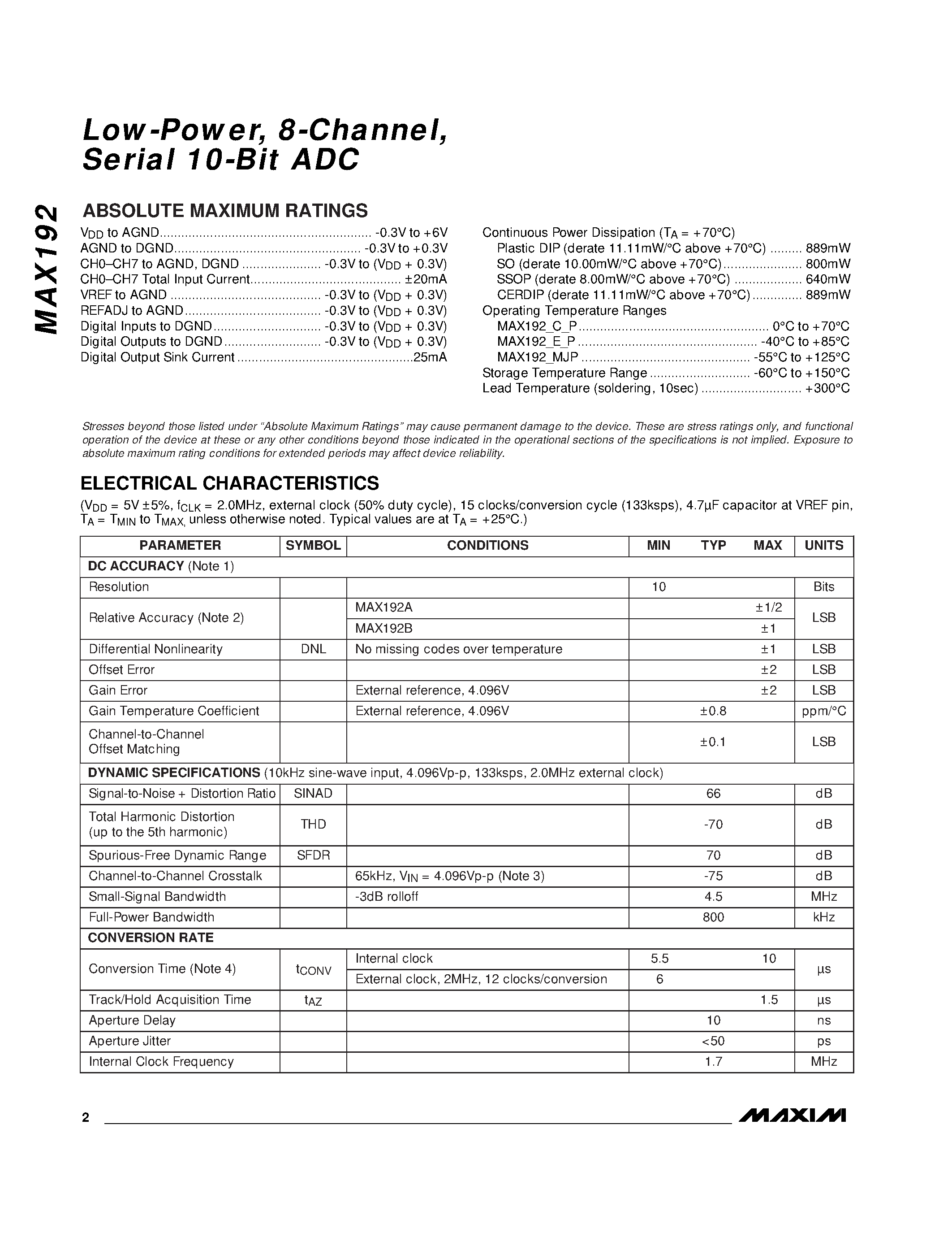 Datasheet MAX192 - Low-Power / 8-Channel / Serial 10-Bit ADC page 2