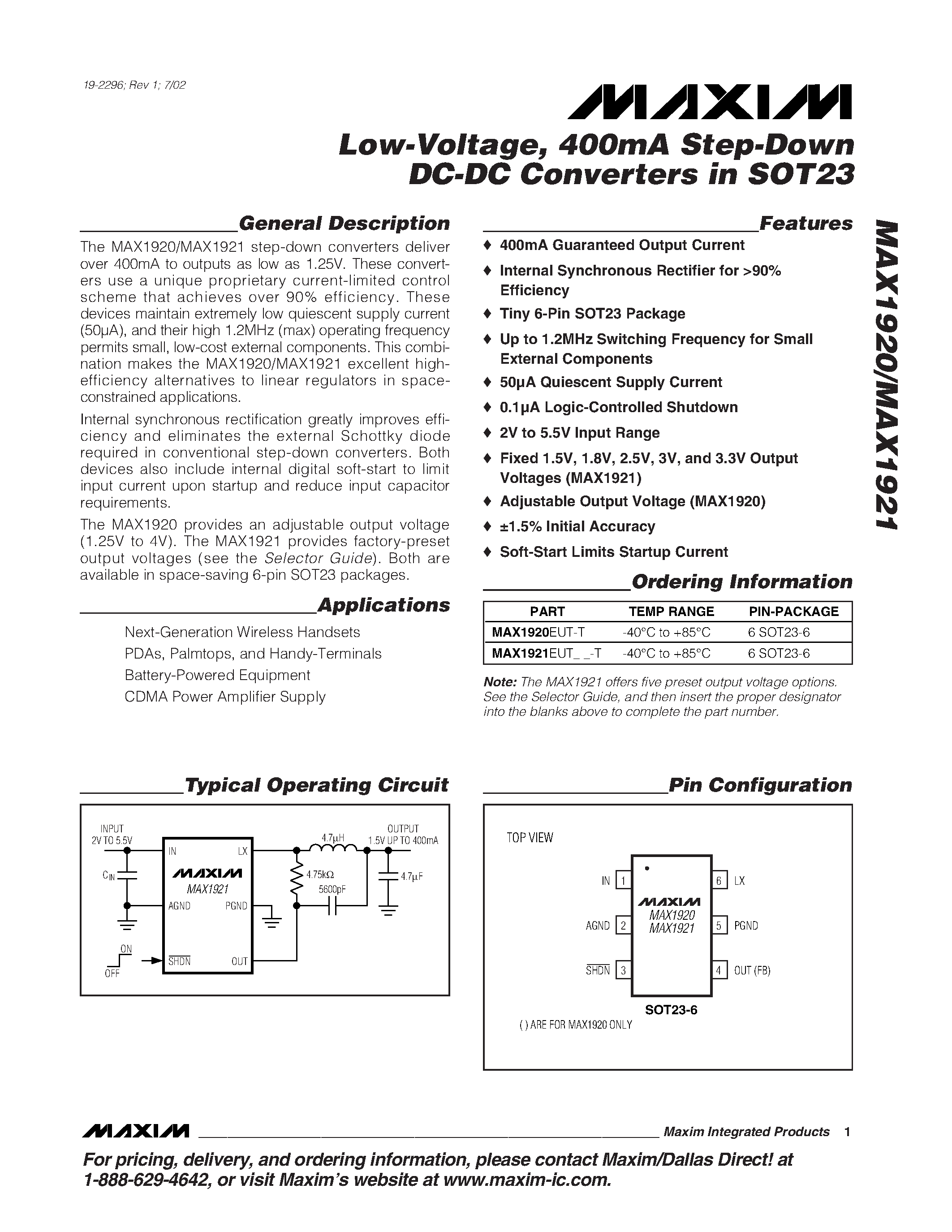 Даташит MAX1920EUT-T - Low-Voltage / 400mA Step-Down DC-DC Converters in SOT23 страница 1