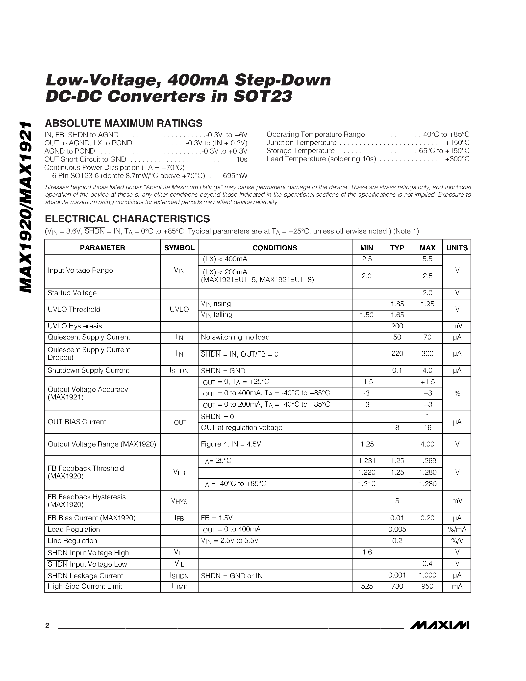 Даташит MAX1920EUT-T - Low-Voltage / 400mA Step-Down DC-DC Converters in SOT23 страница 2