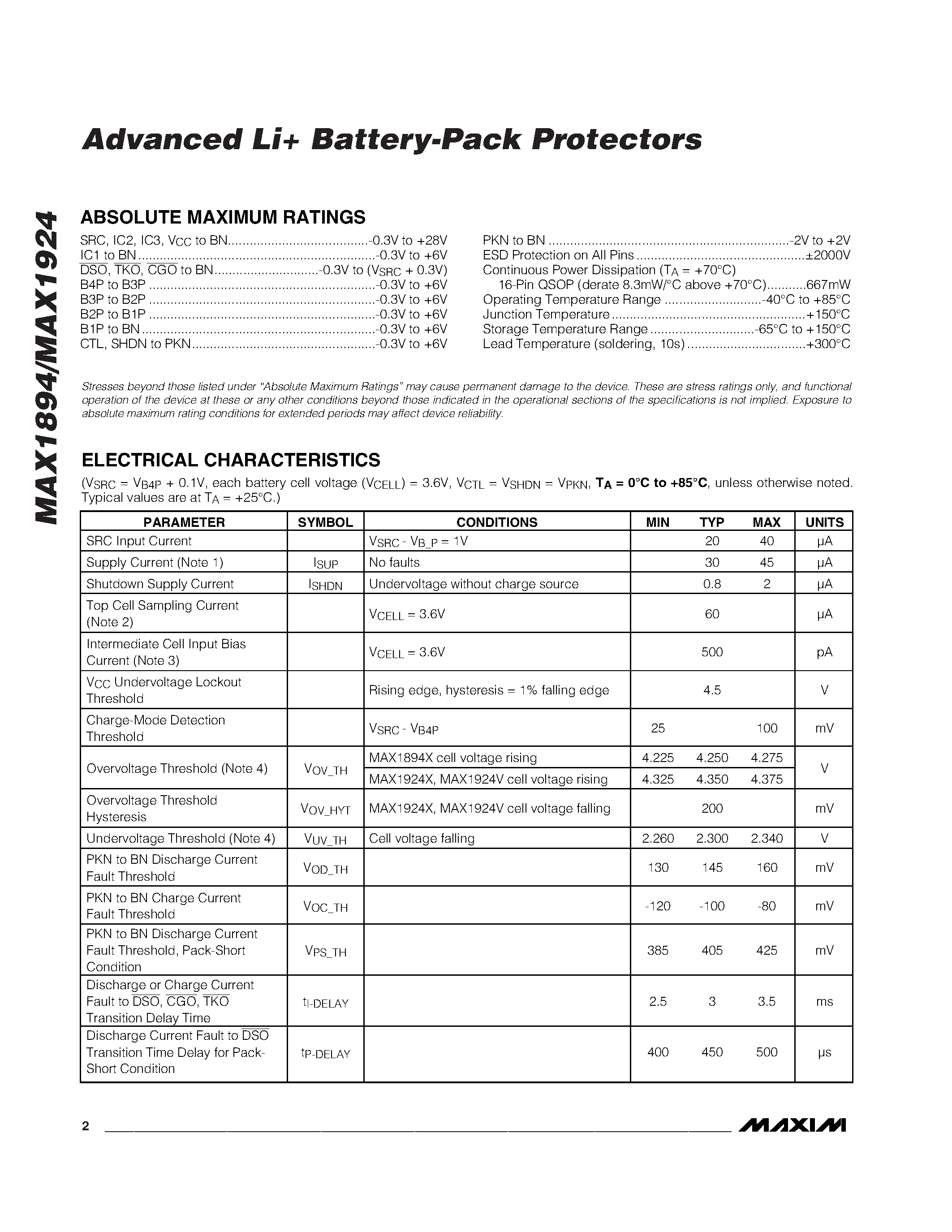 Datasheet MAX1924VEEE page 2 Datasheet MAX1924VEEE - Advanced Li+ Battery-Pack Protectors page 2
