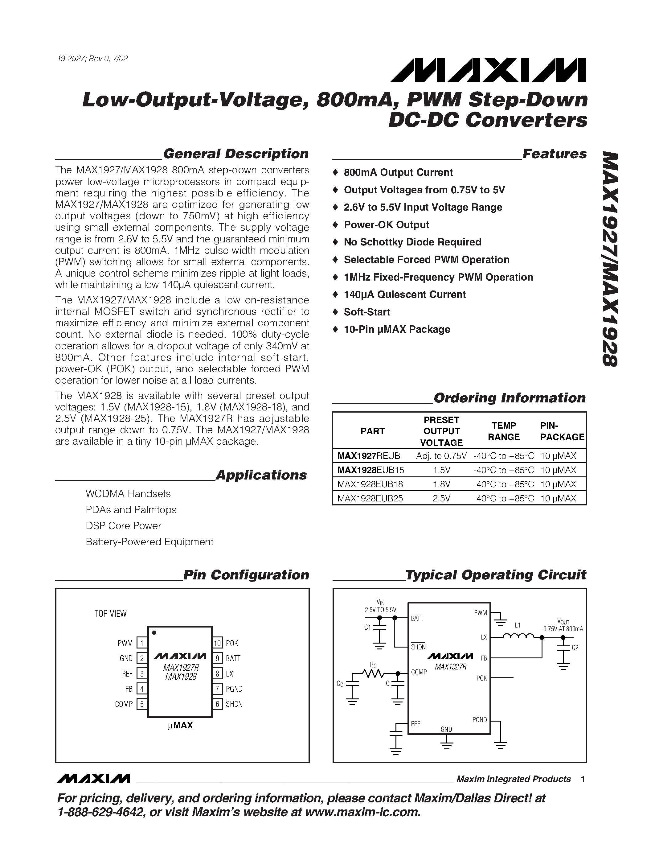 Datasheet MAX1927-MAX1928 - Low-Output-Voltage / 800mA / PWM Step-Down DC-DC Converters page 1