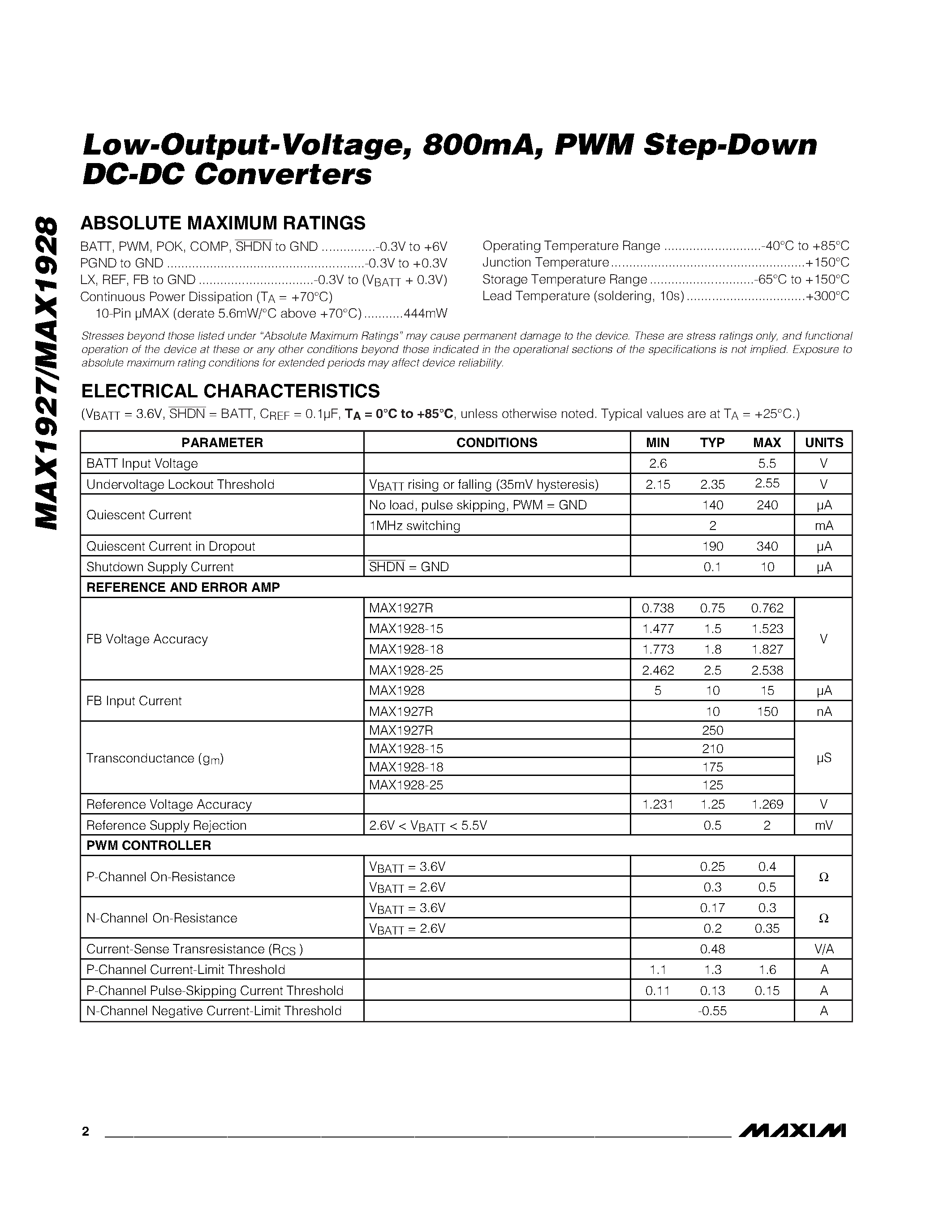 Datasheet MAX1928EUB15 - Low-Output-Voltage / 800mA / PWM Step-Down DC-DC Converters page 2