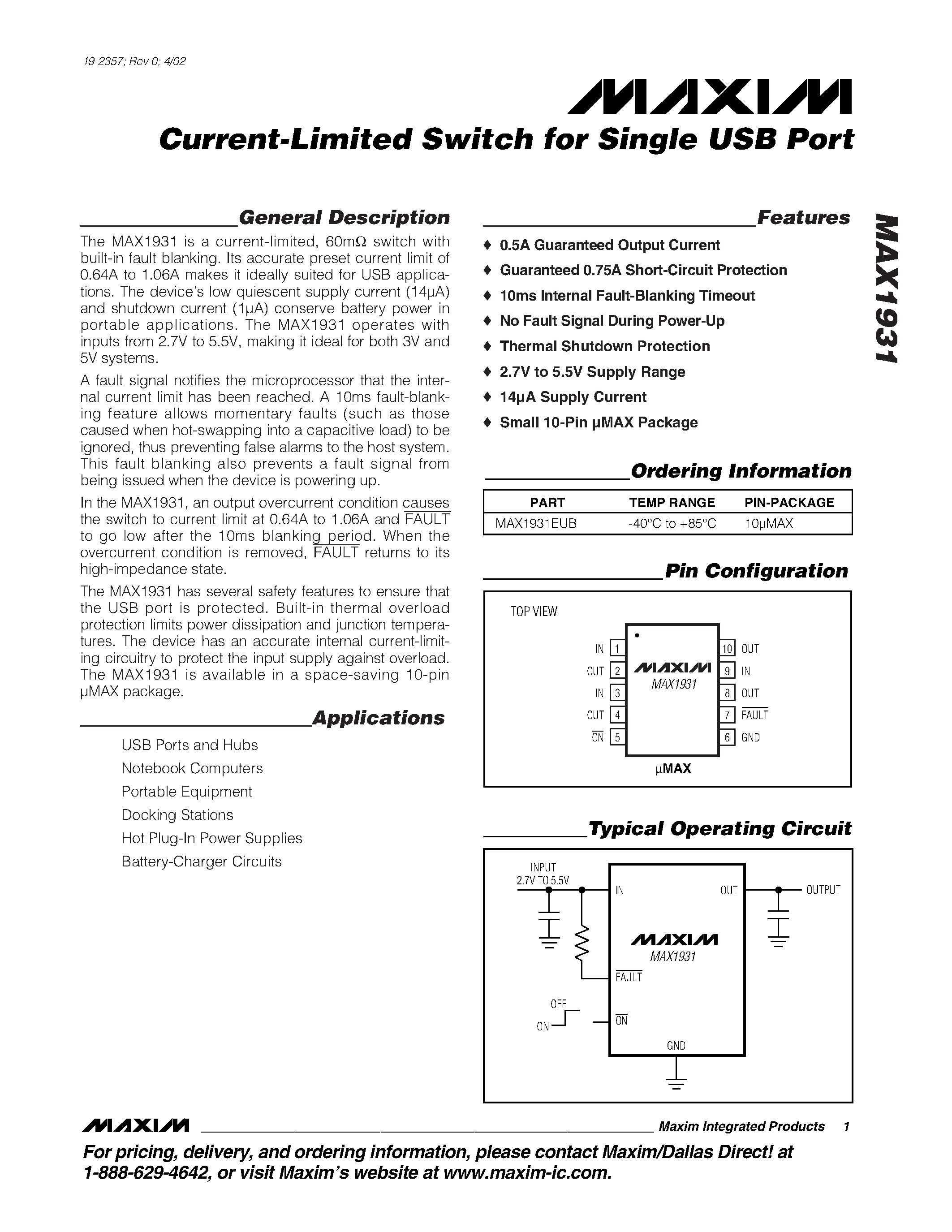 Datasheet MAX1931 page 1 Datasheet MAX1931 - Current-Limited Switch for Single USB Port page 1