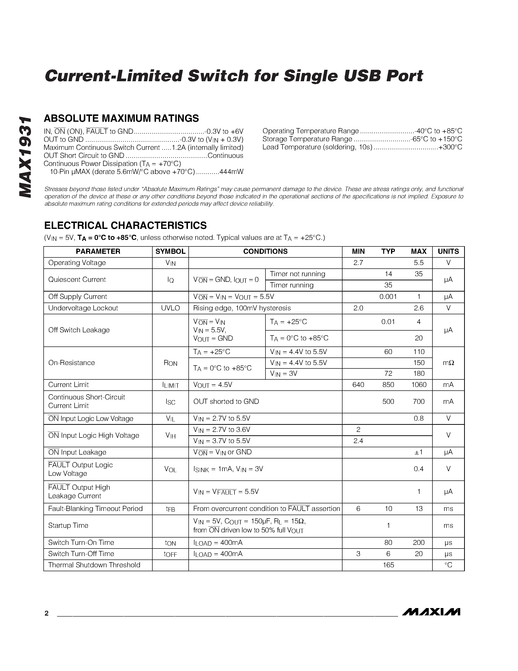 Datasheet MAX1931EUB - Current-Limited Switch for Single USB Port page 2