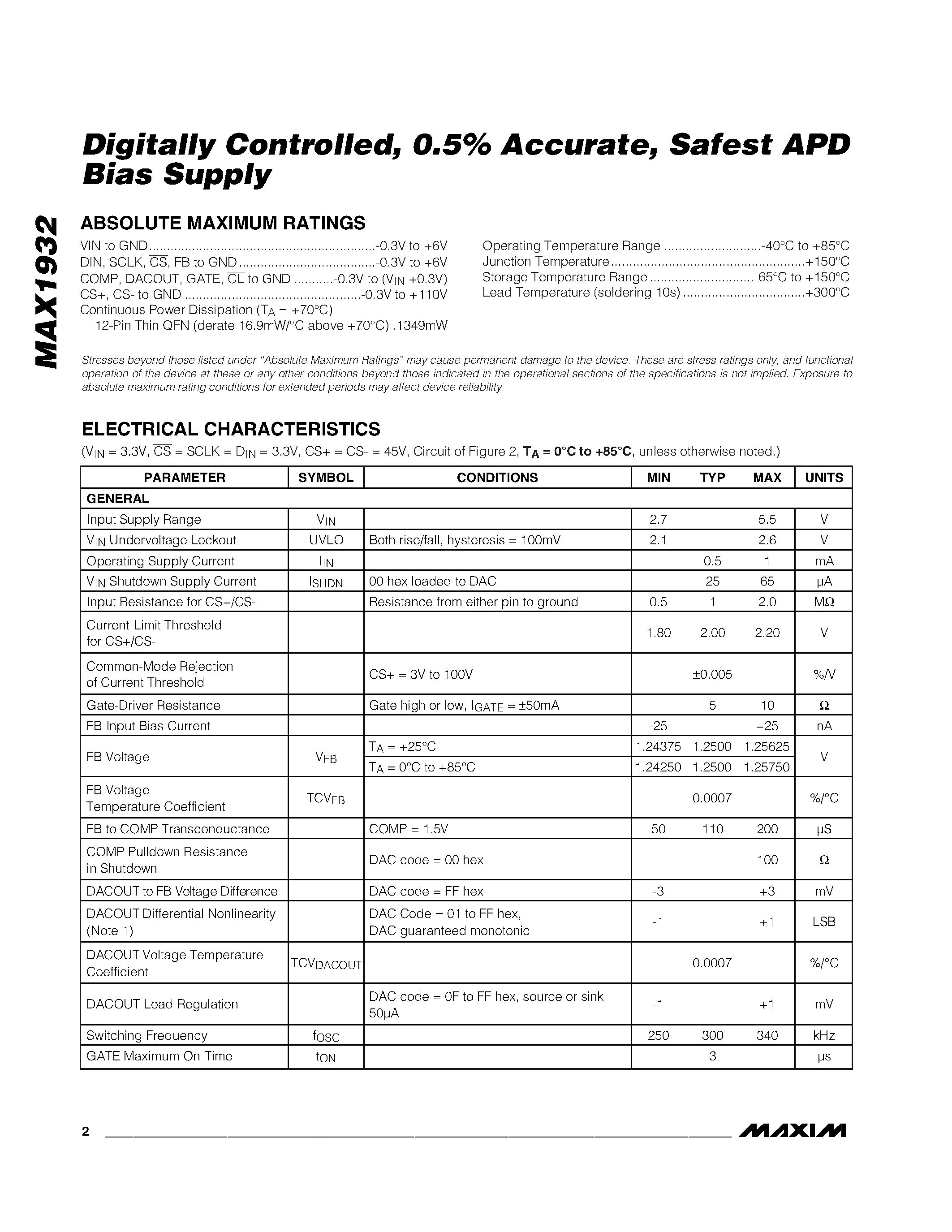 Datasheet MAX1932 - Digitally Controlled / 0.5% Accurate / Safest APD Bias Supply page 2