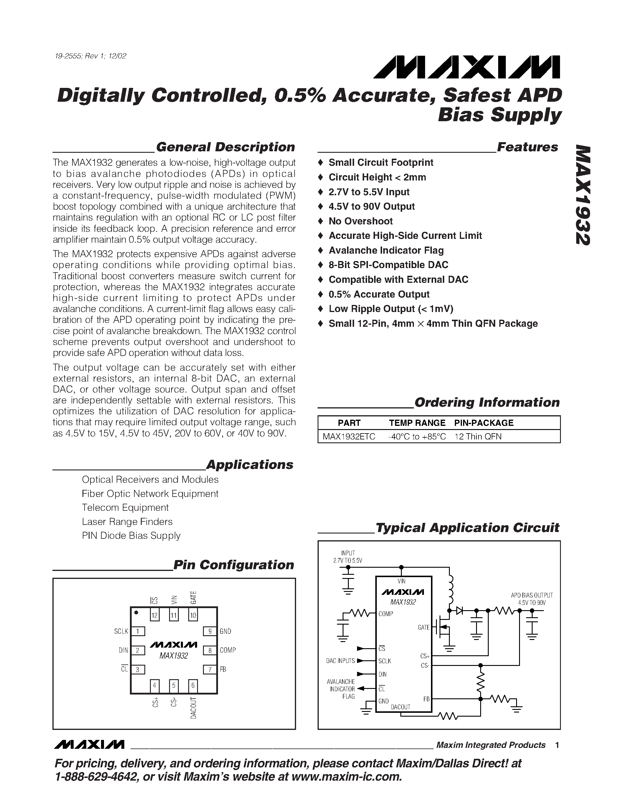 Datasheet MAX1932ETC - Digitally Controlled / 0.5% Accurate / Safest APD Bias Supply page 1