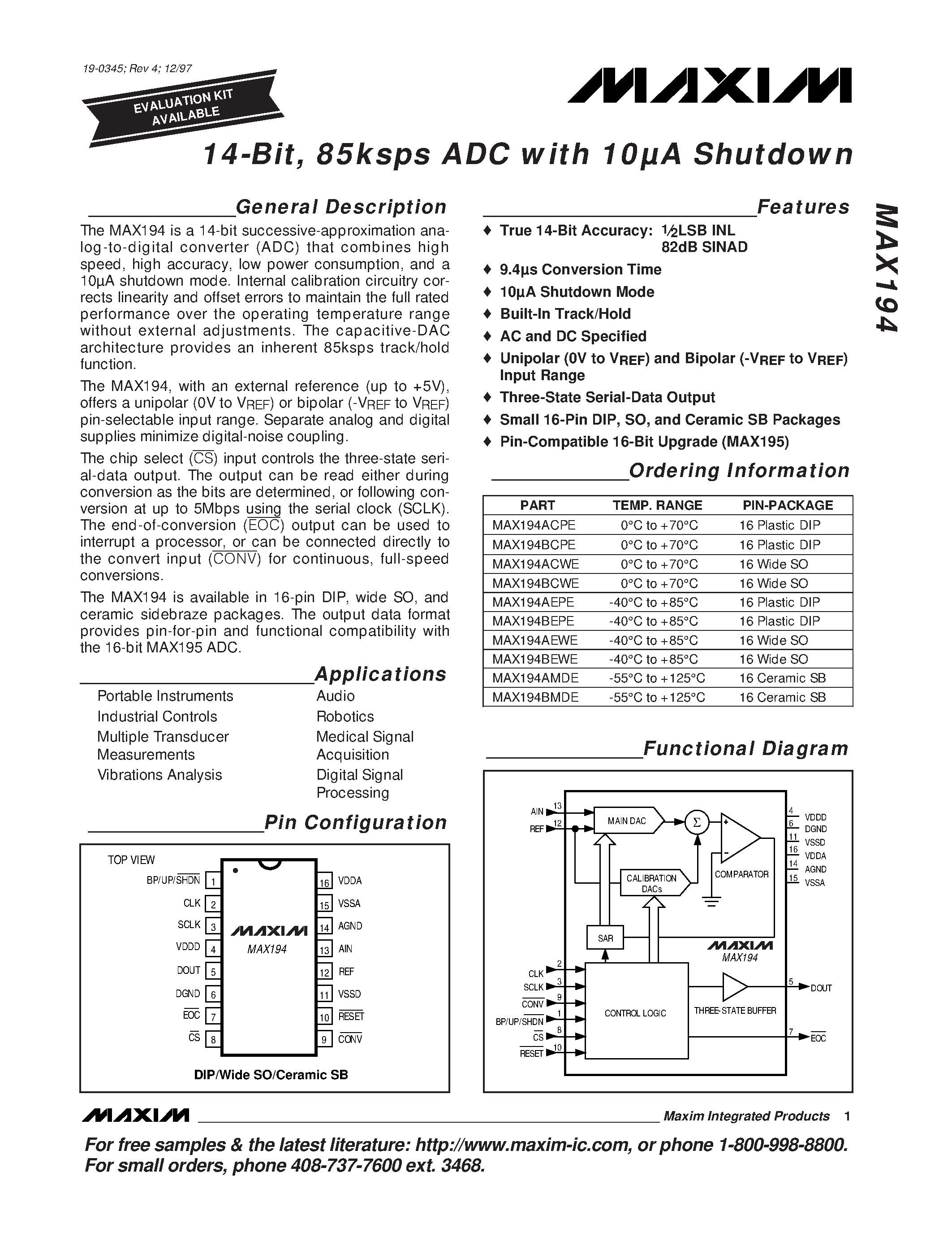 Datasheet MAX194 - 14-Bit / 85ksps ADC with 10A Shutdown page 1