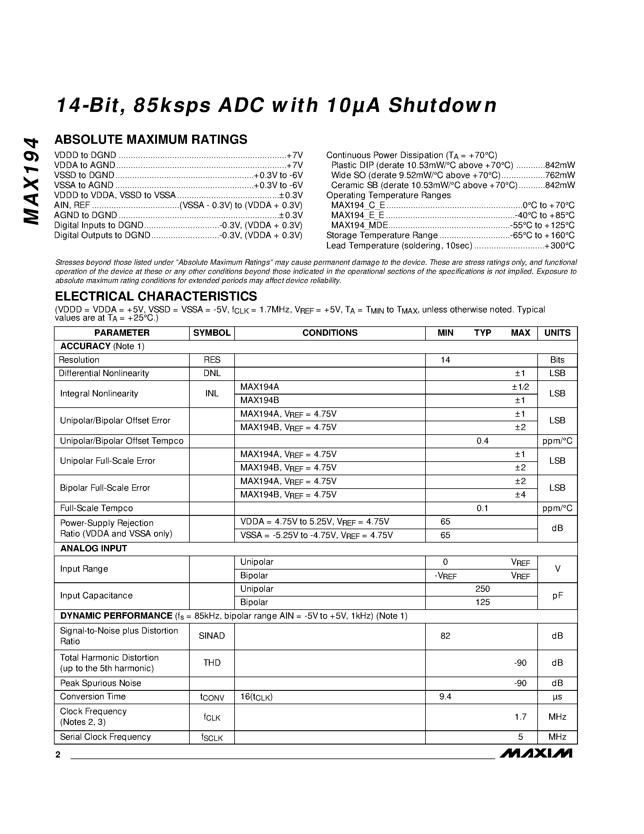 Datasheet MAX194 - 14-Bit / 85ksps ADC with 10A Shutdown page 2
