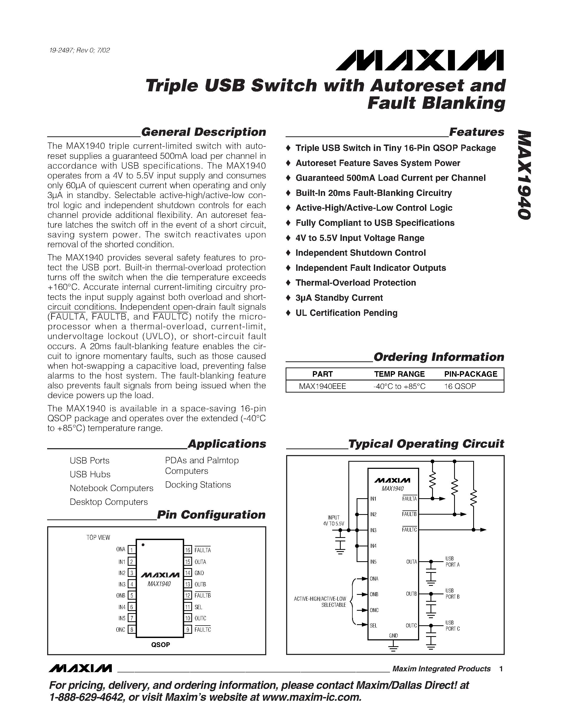 Datasheet MAX1940 - Triple USB Switch with Autoreset and Fault Blanking page 1