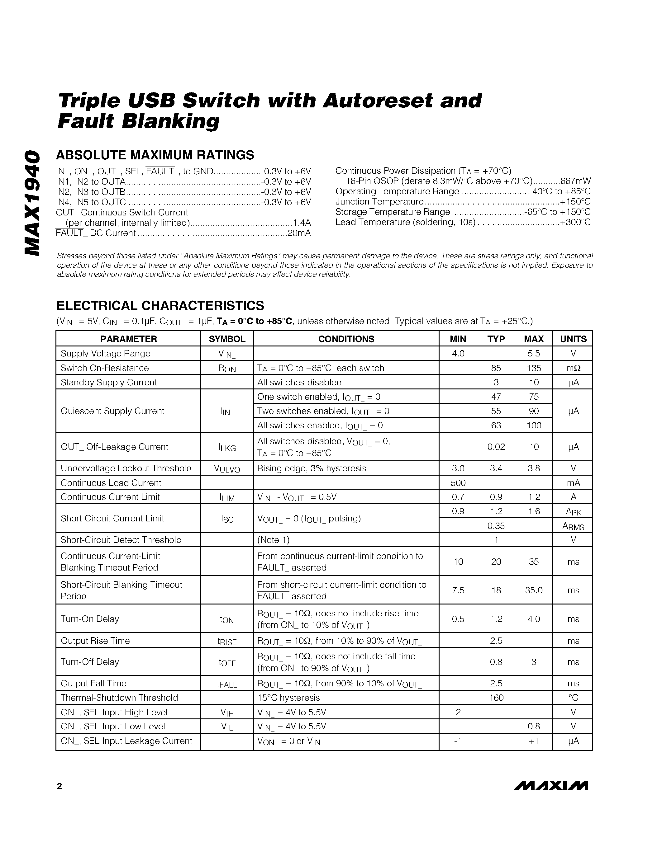 Datasheet MAX1940 - Triple USB Switch with Autoreset and Fault Blanking page 2