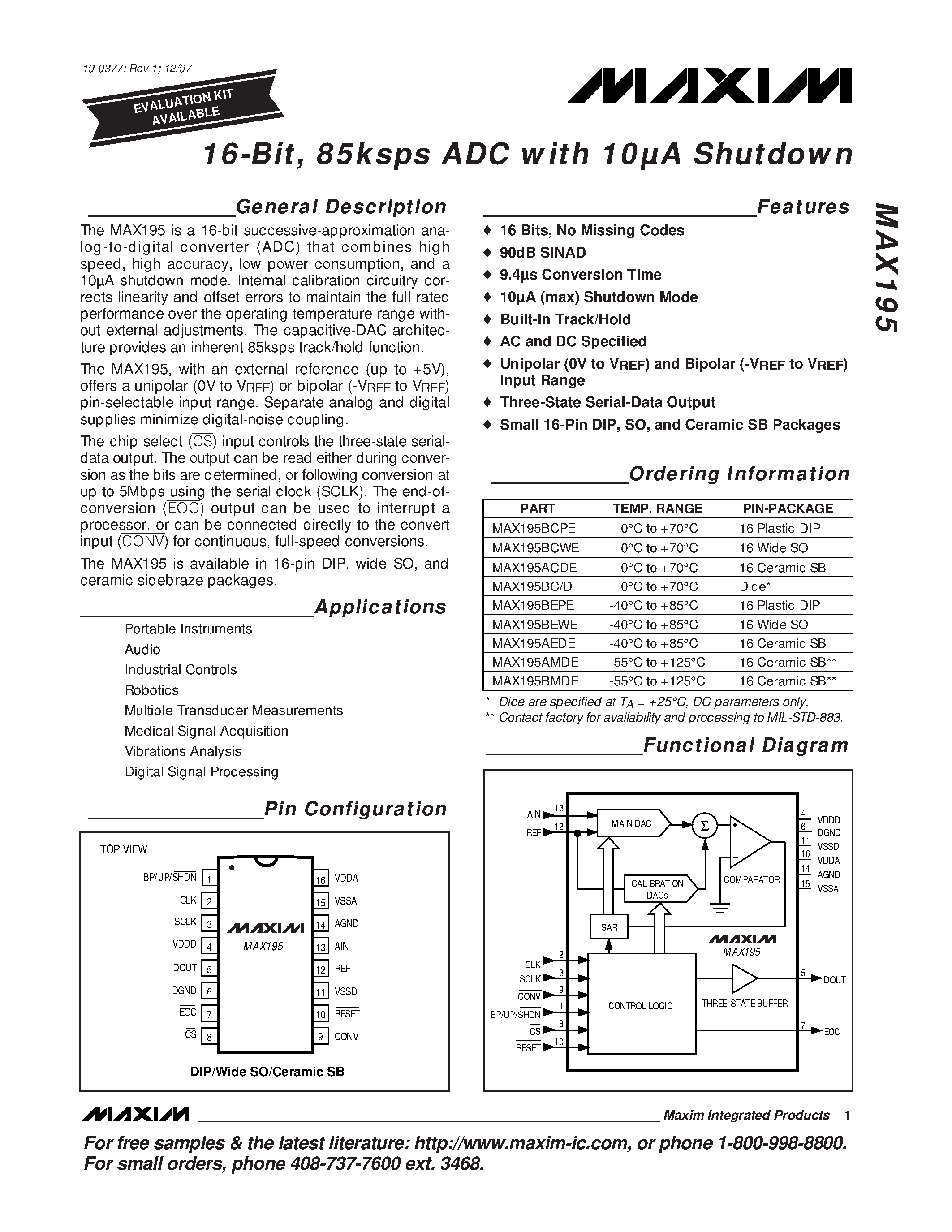 Datasheet MAX195 - 16-Bit / 85ksps ADC with 10A Shutdown page 1