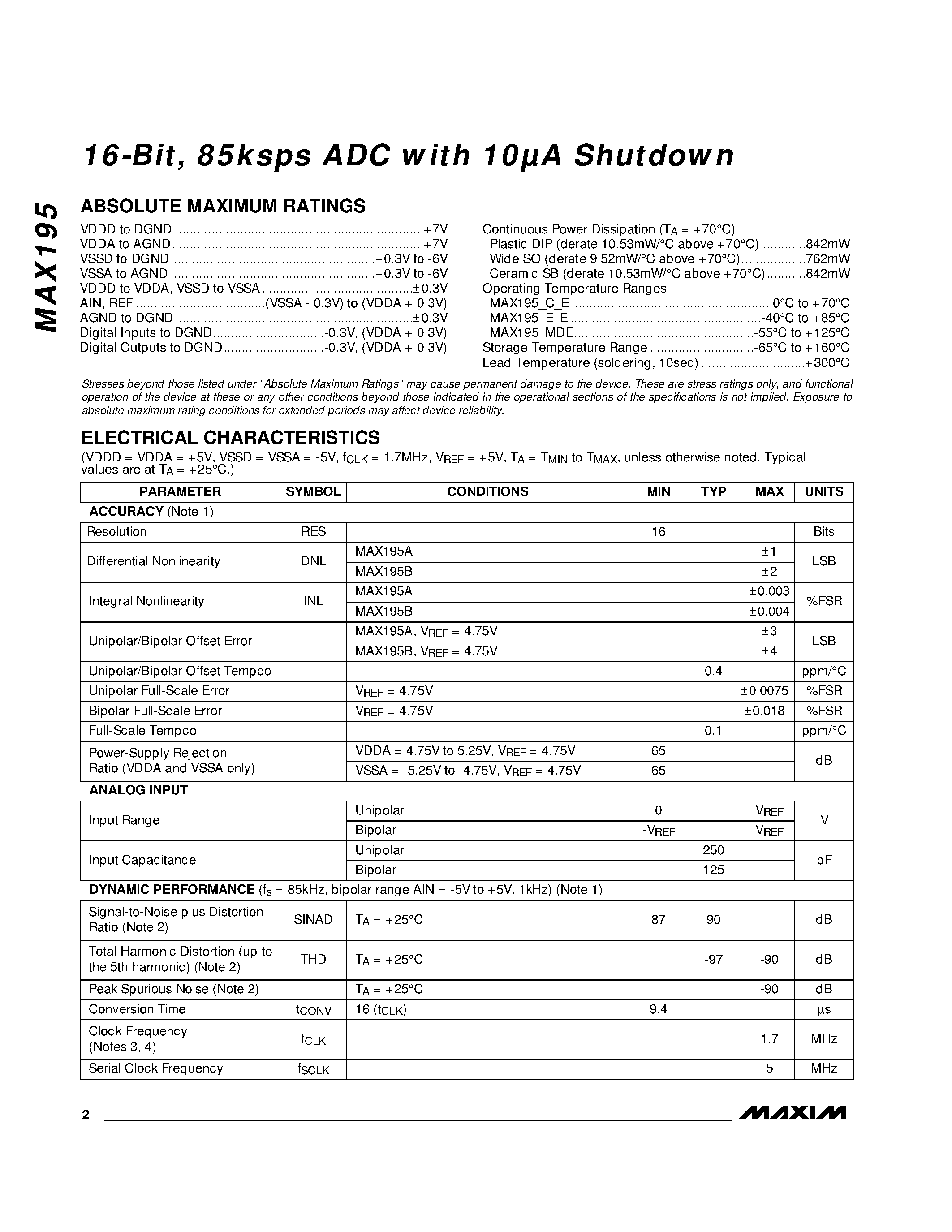 Datasheet MAX195 - 16-Bit / 85ksps ADC with 10A Shutdown page 2