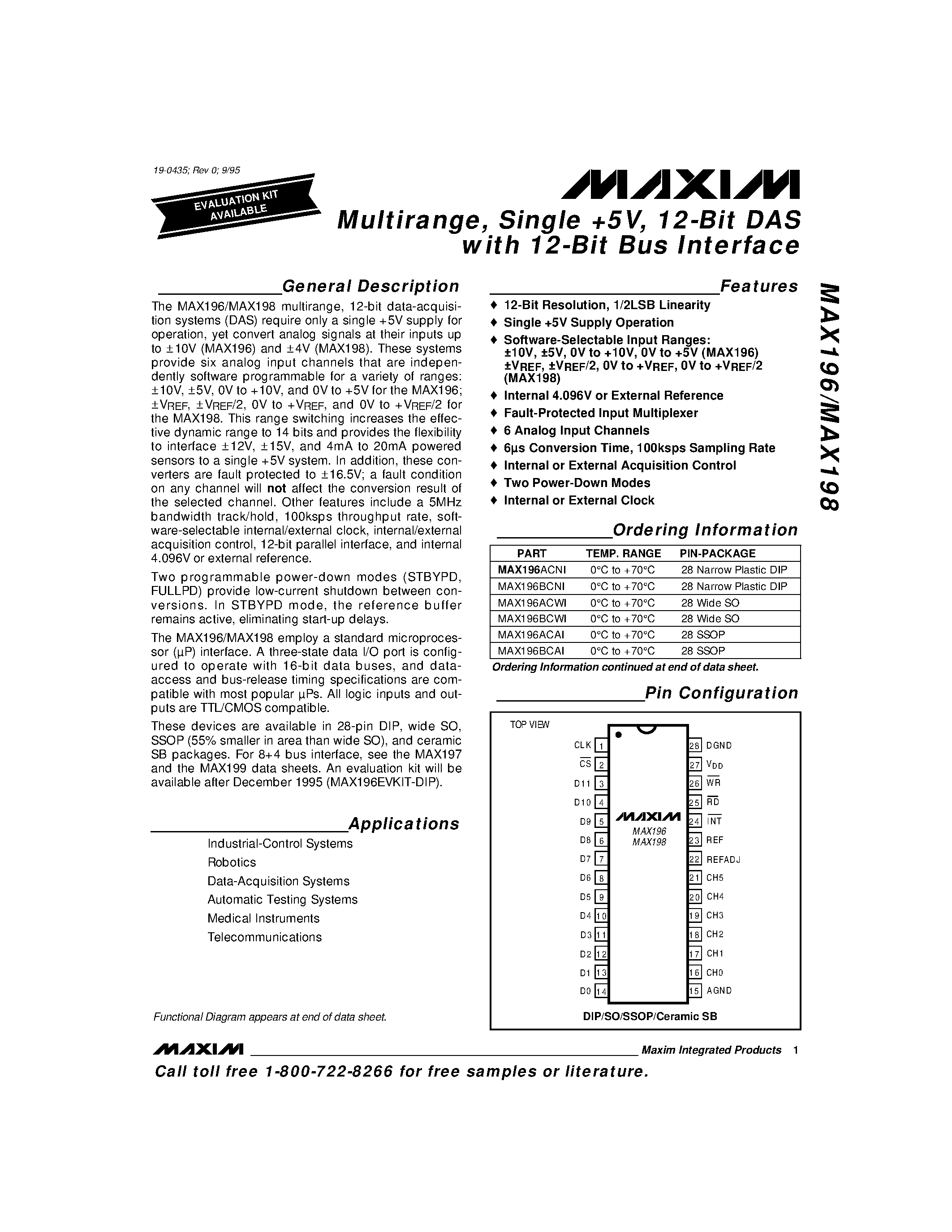 Даташит на микросхему MAX196 страница 1 Даташит MAX196 - Multirange / Single %V / 12-Bit DAS with 12-Bit Bus Interface страница 1