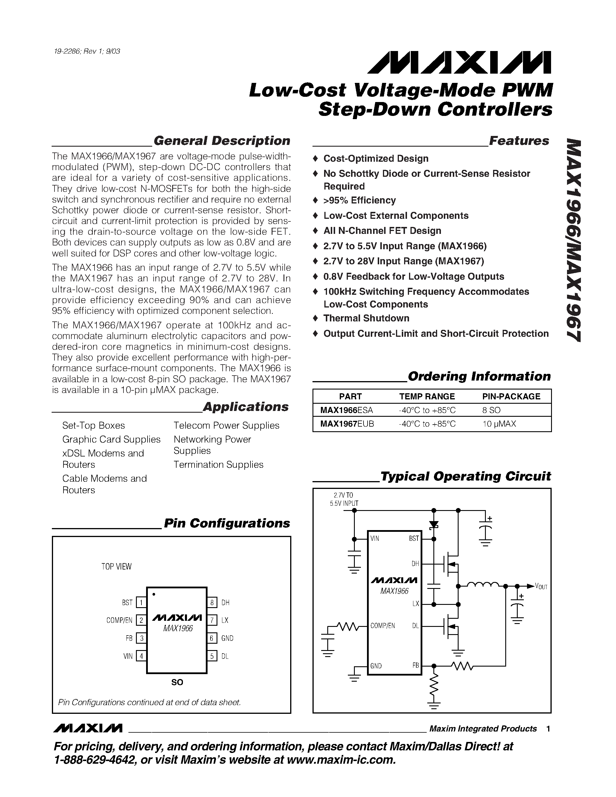 Datasheet MAX1966 - Low-Cost Voltage-Mode PWM Step-Down Controllers page 1