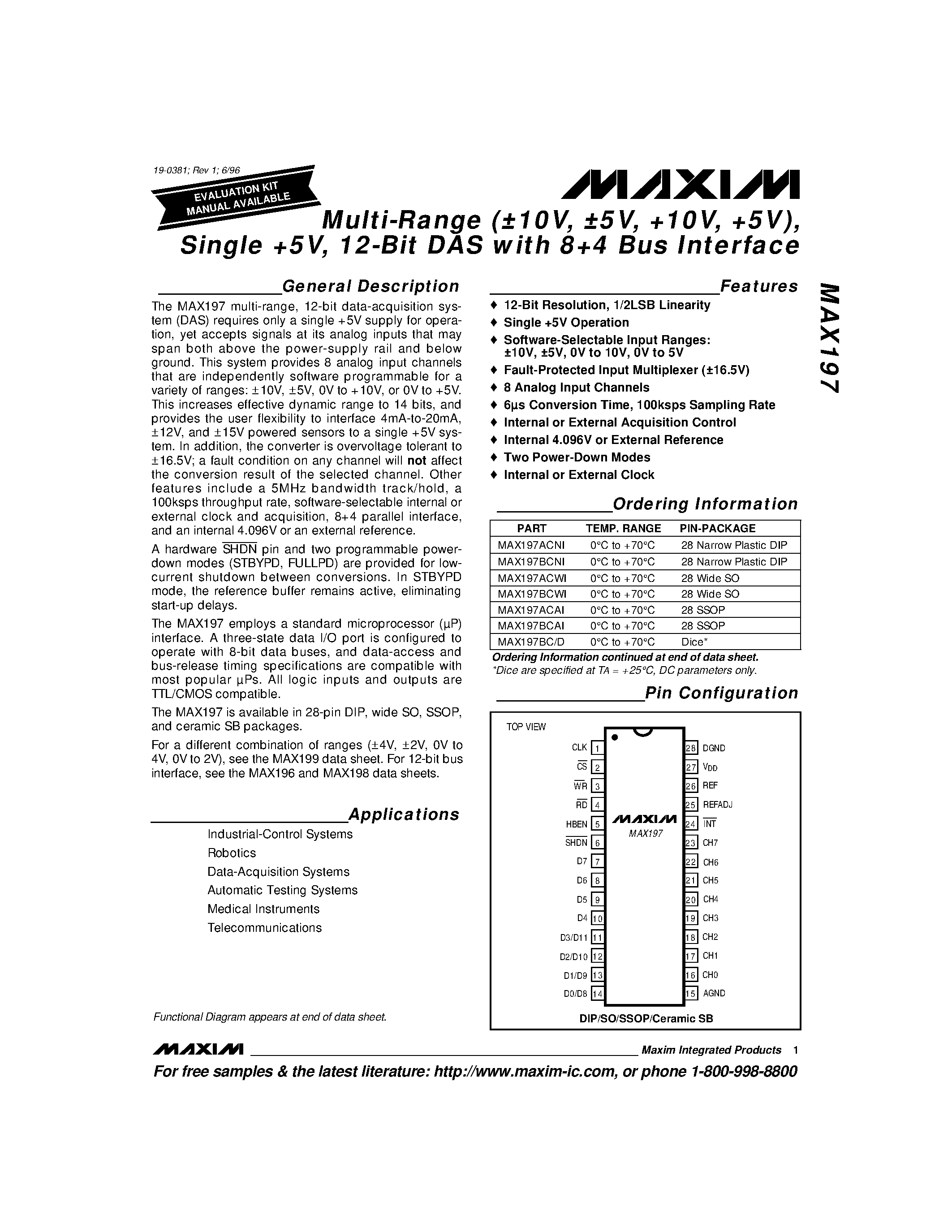 Datasheet MAX197 - Multi-Range (10V / 5V / +10V / +5V) / Single +5V / 12-Bit DAS with 8+4 Bus Interface page 1