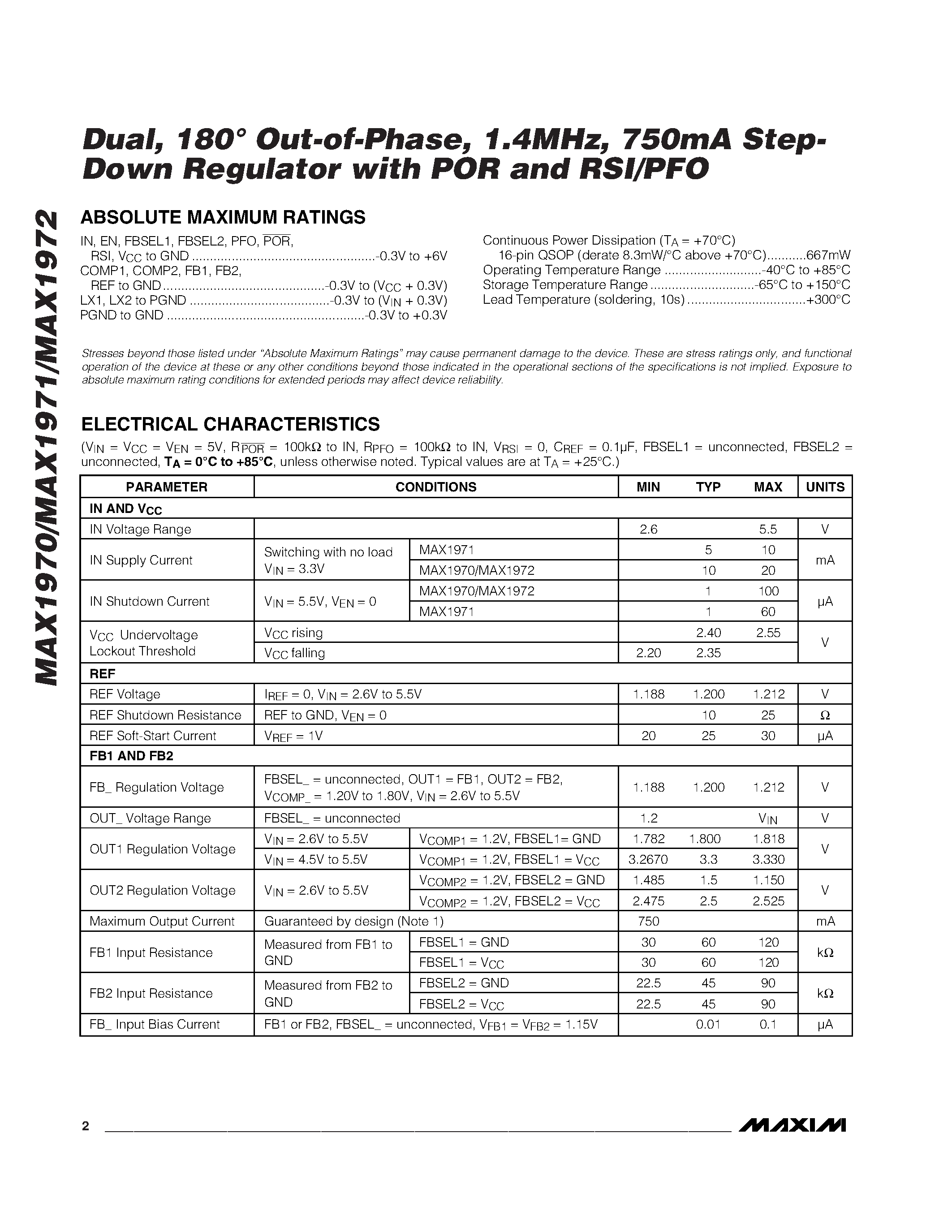 Datasheet MAX1970EEE - Dual / 180 Out-of-Phase / 1.4MHz / 750mA Step- Down Regulator with POR and RSI/PFO page 2