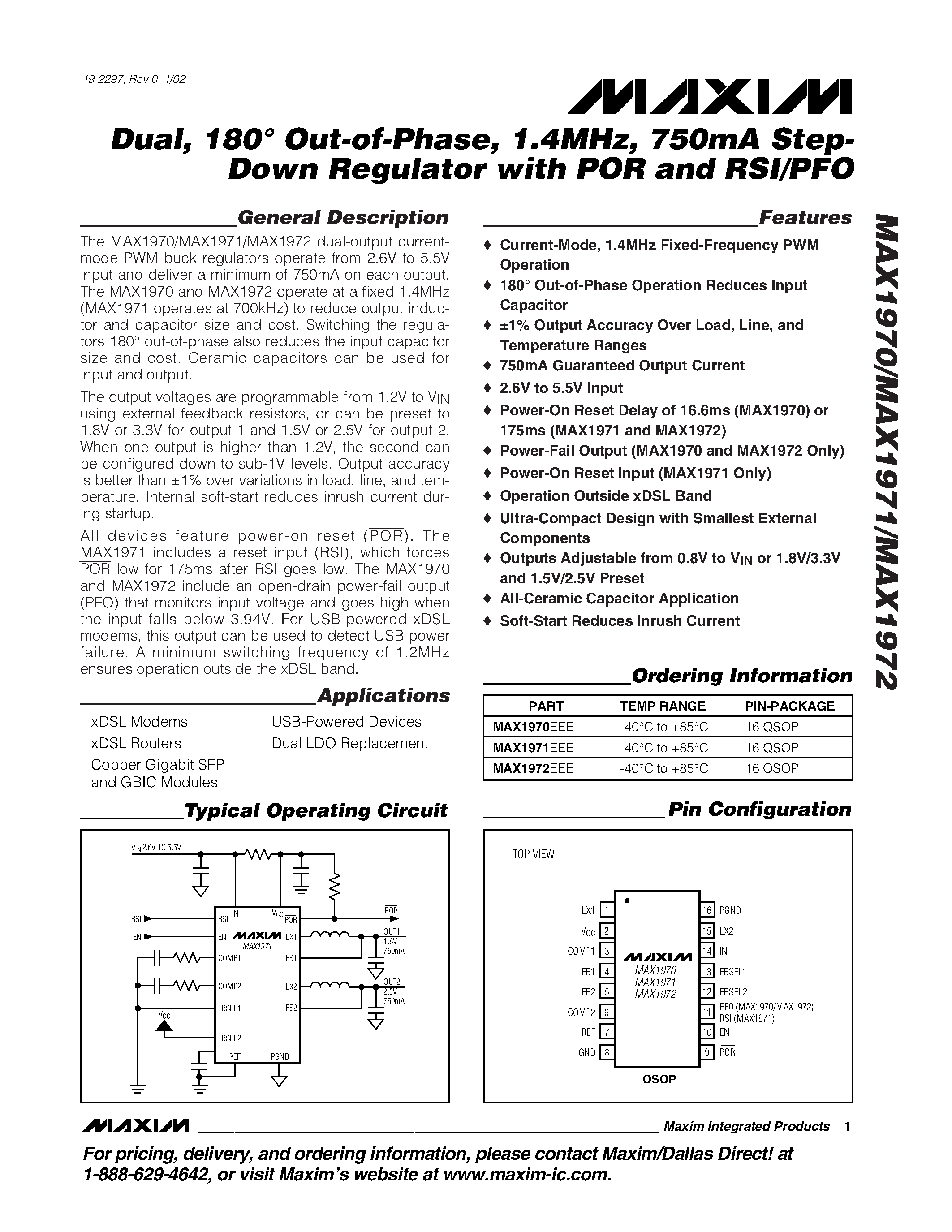 Datasheet MAX1971EEE - Dual / 180 Out-of-Phase / 1.4MHz / 750mA Step- Down Regulator with POR and RSI/PFO page 1