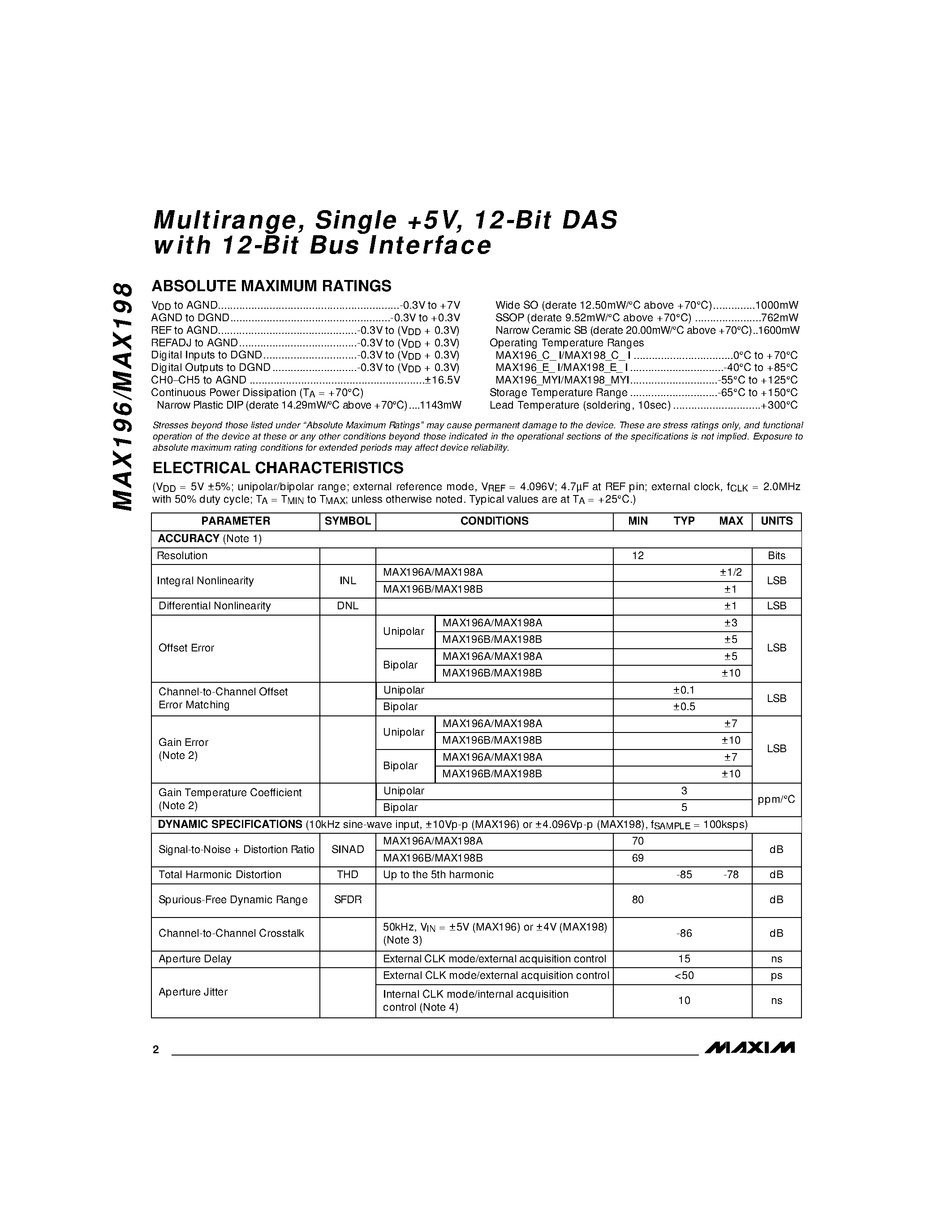 Даташит на микросхему MAX198 страница 2 Даташит MAX198 - Multirange / Single %V / 12-Bit DAS with 12-Bit Bus Interface страница 2