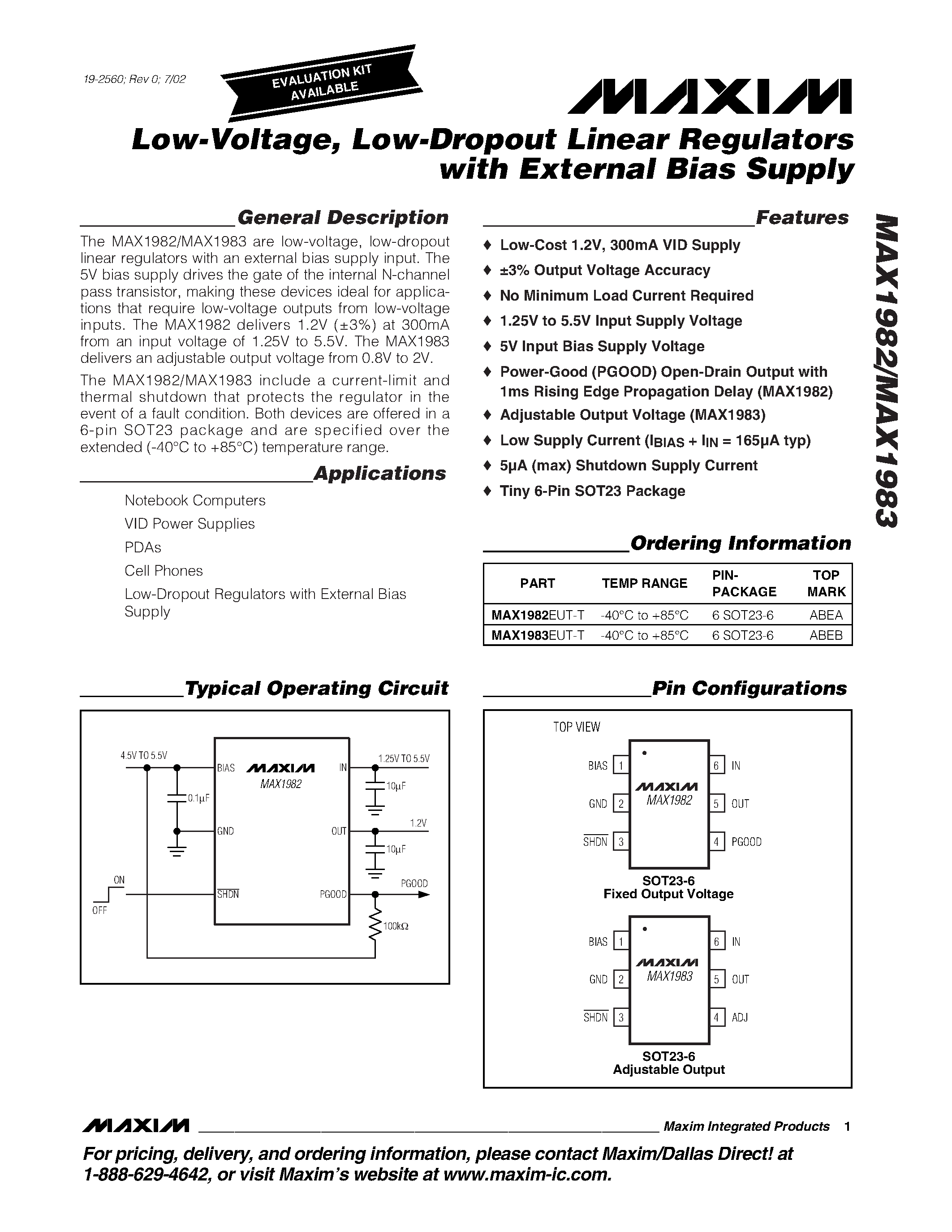 Datasheet MAX1982EUT-T - Low-Voltage / Low-Dropout Linear Regulators with External Bias Supply page 1