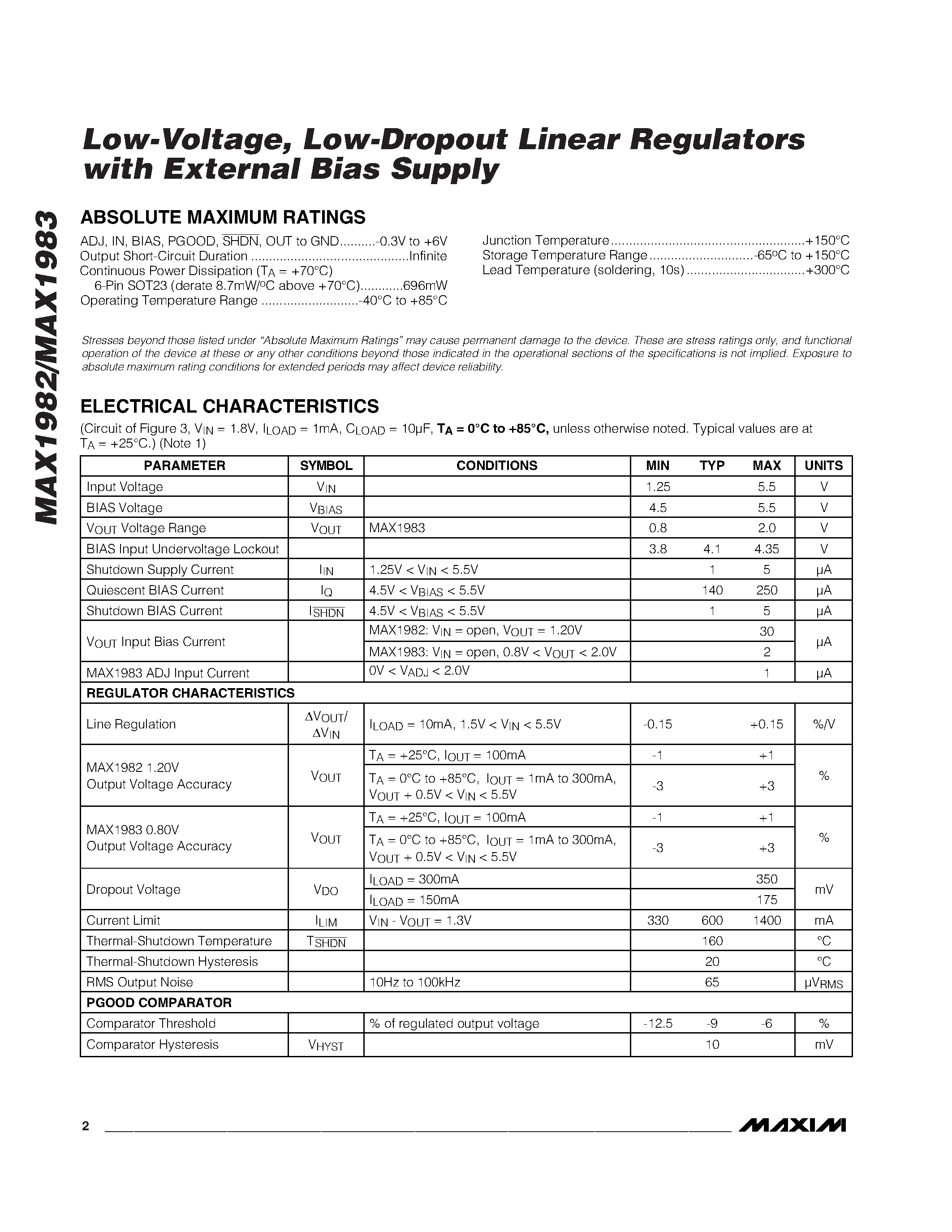 Datasheet MAX1982EUT-T - Low-Voltage / Low-Dropout Linear Regulators with External Bias Supply page 2