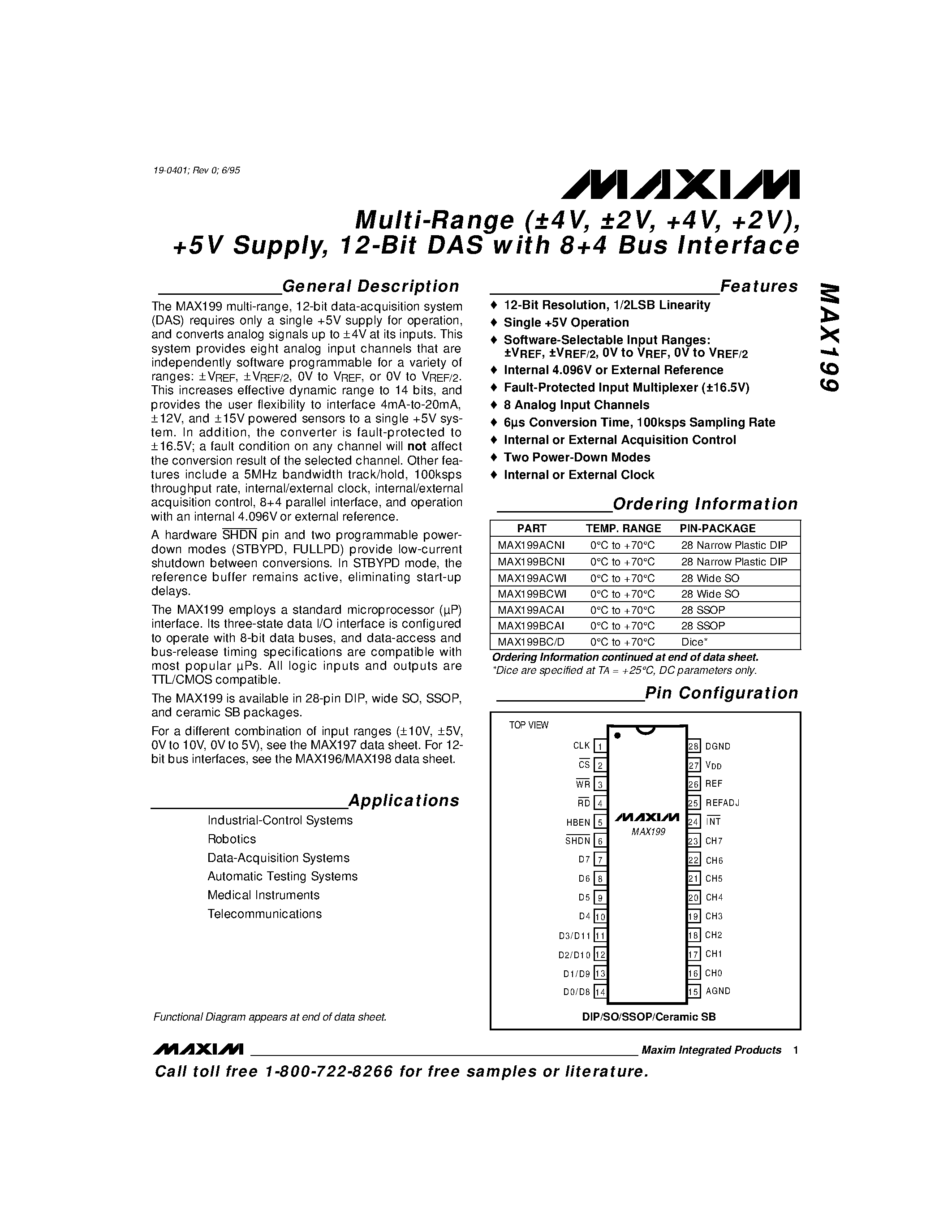 Datasheet MAX199 - Multi-Range (4V / 2V / +4V / +2V) / +5V Supply / 12-Bit DAS with 8+4 Bus Interface page 1